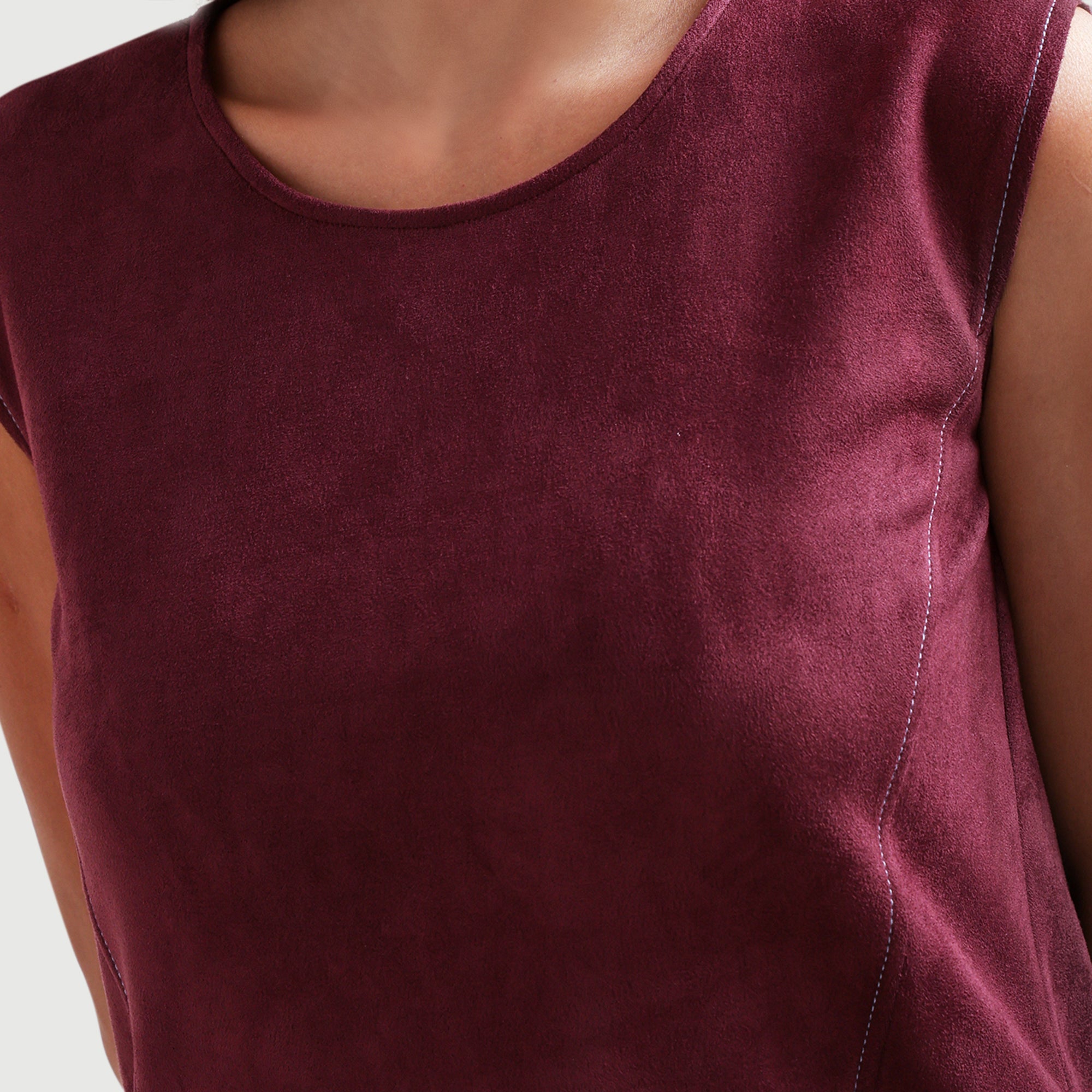 Wine Suede Dress With Pocket Top Stitch With Pocket