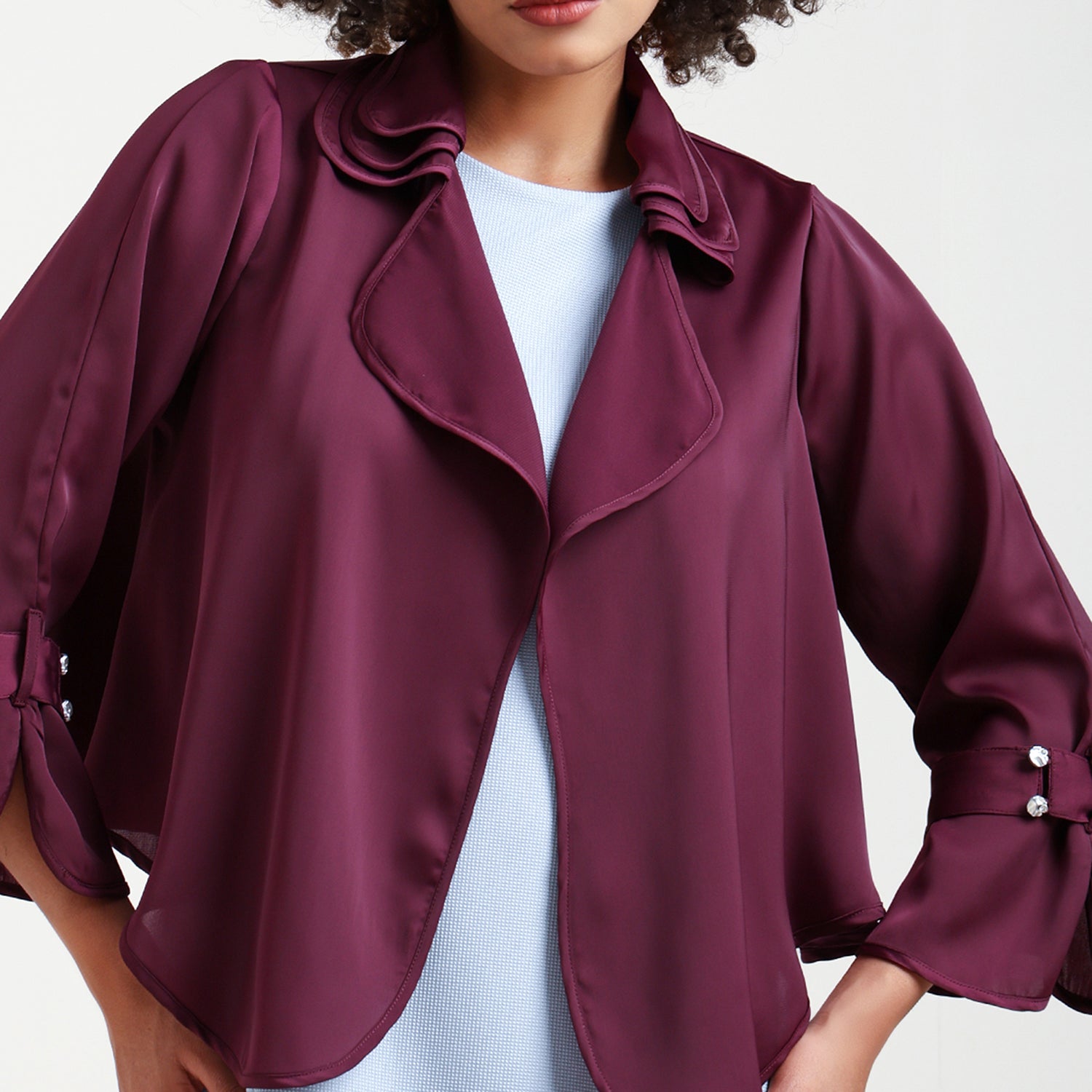 Wine Satin Shrug With Layered Collar