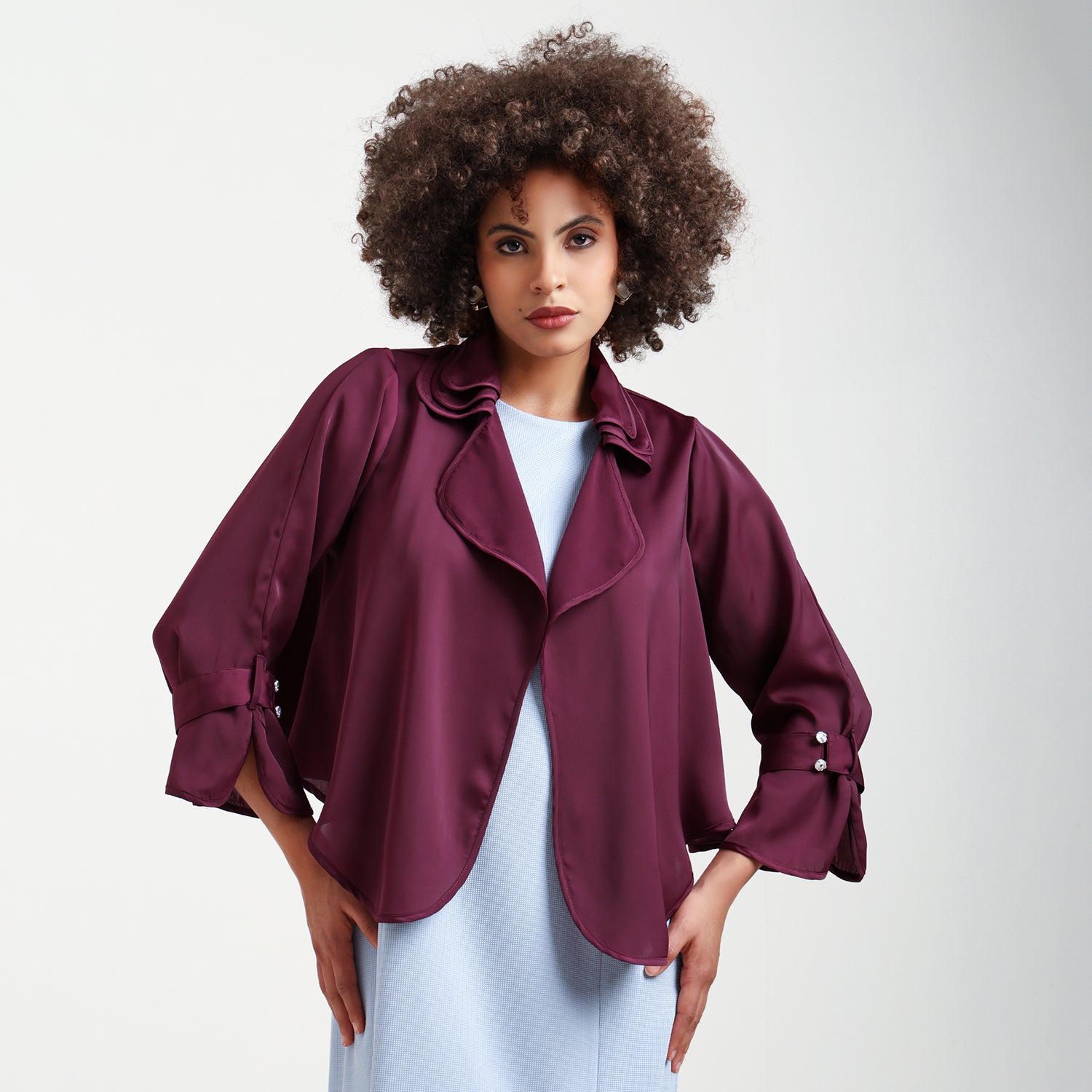 Wine Satin Shrug With Layered Collar