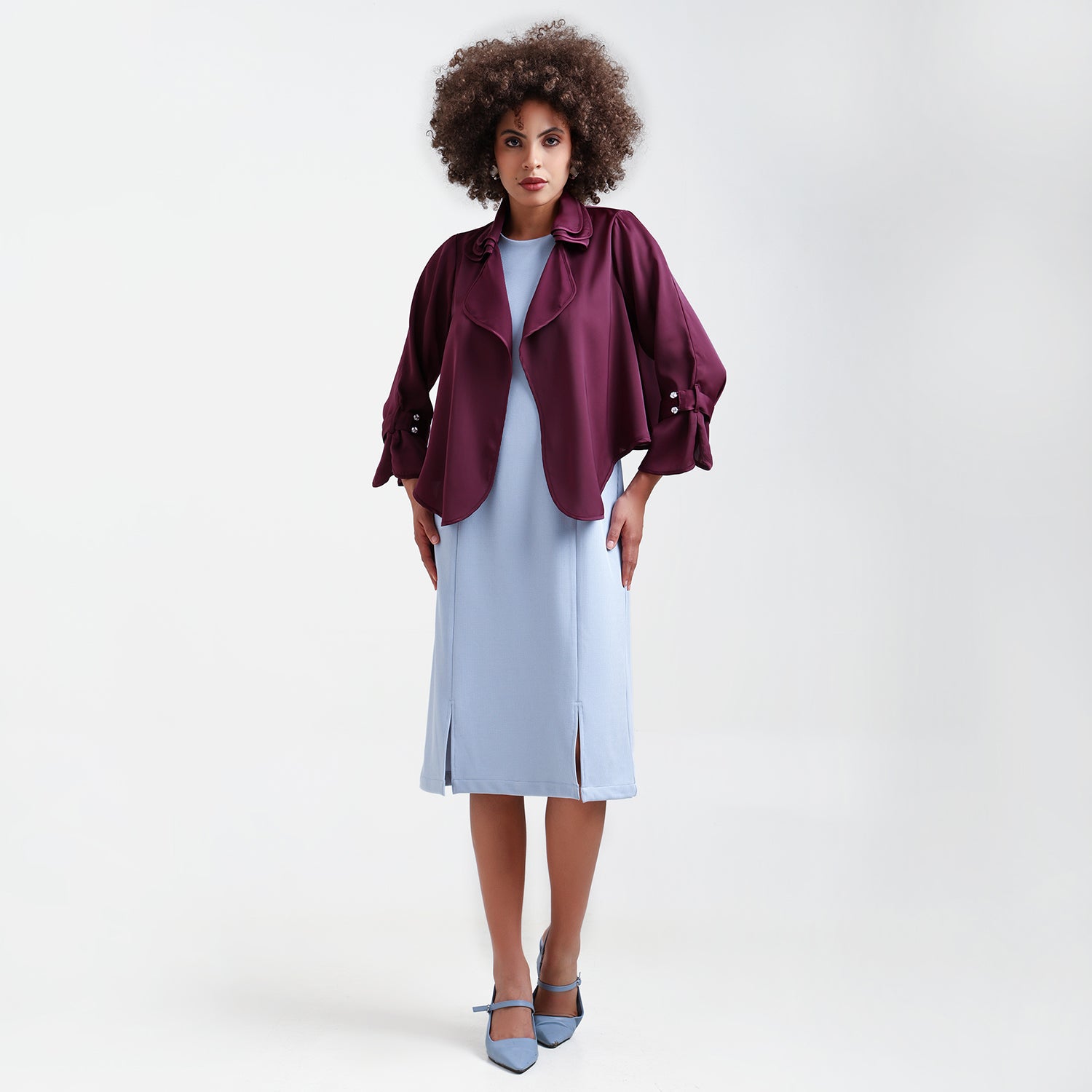 Wine Satin Shrug With Layered Collar