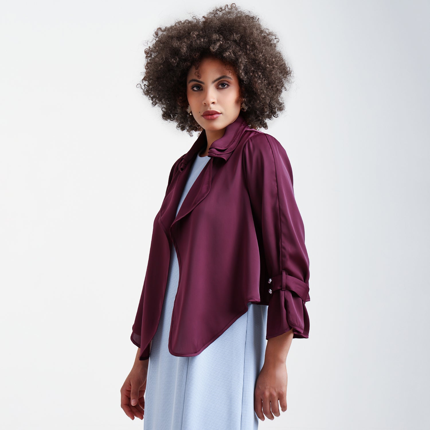 Wine Satin Shrug With Layered Collar