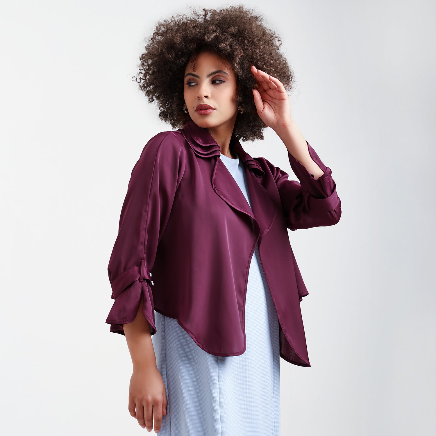 Wine Satin Shrug With Layered Collar