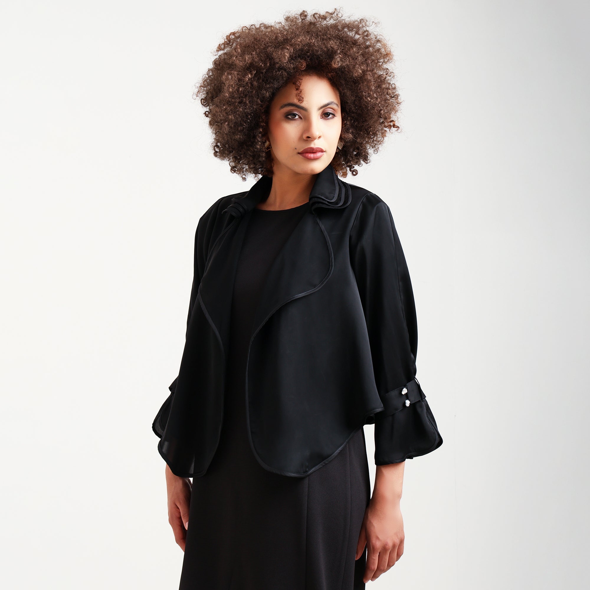 Black Satin Shrug With Layered Collar