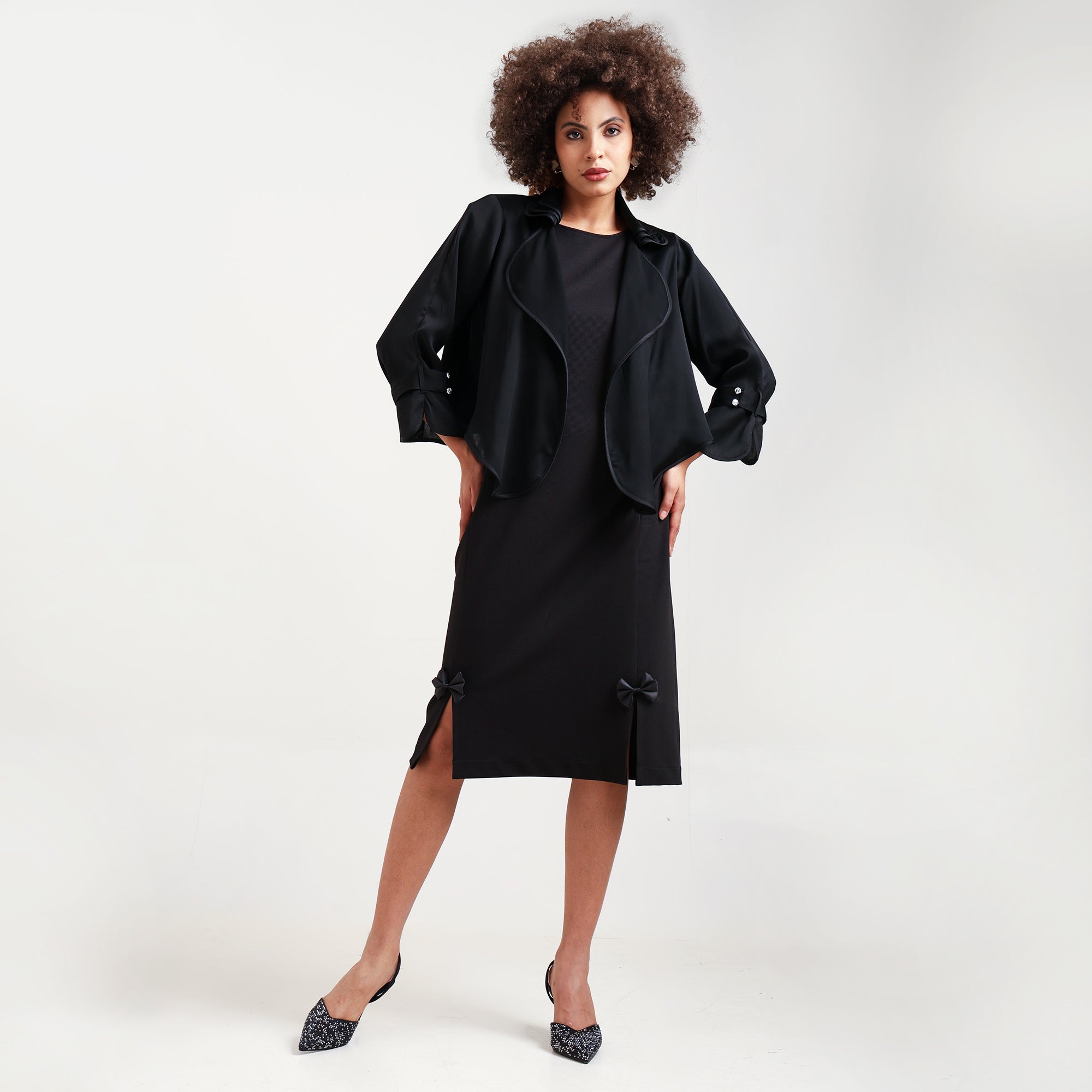 Black Satin Shrug With Layered Collar