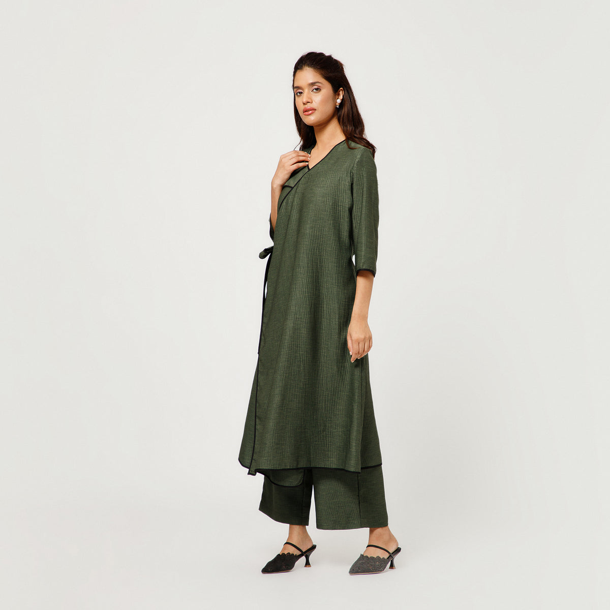 Olive Green Textured A-Line Kurta With Black Piping