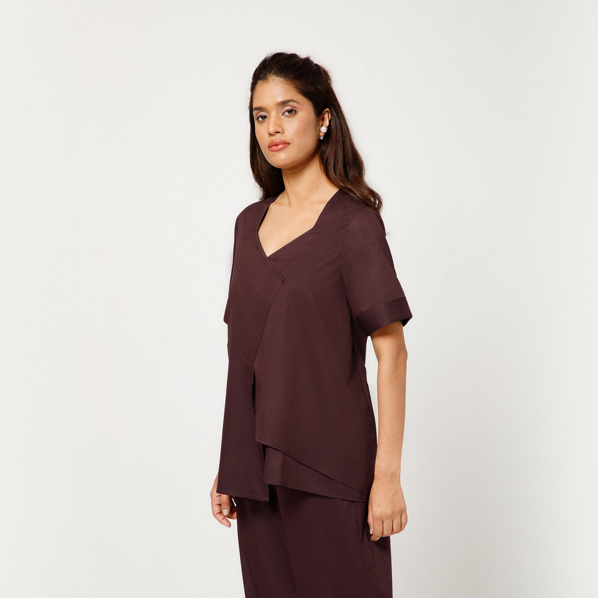 Prune Cotton Blend Draped A-Line Top