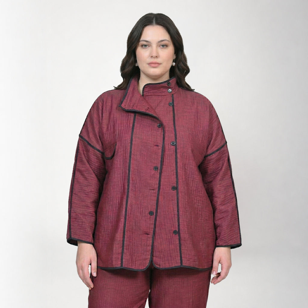 Wine Texture Line Jacket With Black Piping