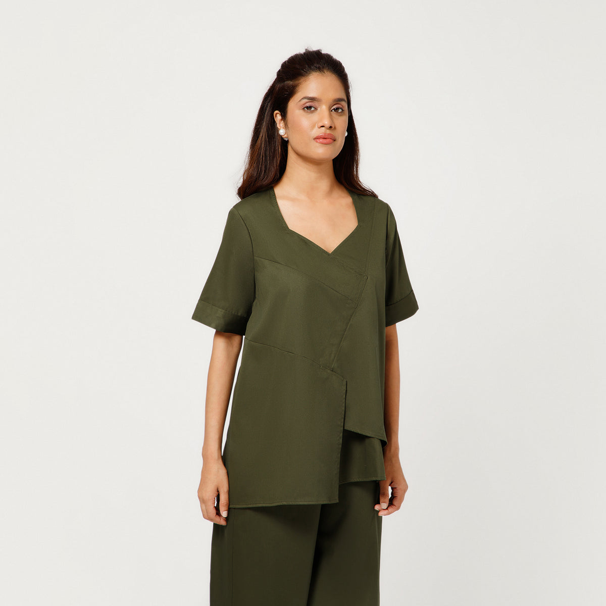 Olive Cotton Blend Draped A-Line Top