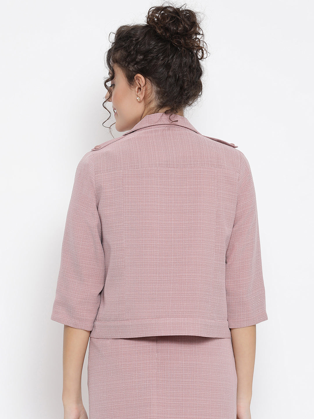 Pink Linen Jacket With Zipper Pocket With Grey Single Flower Broach