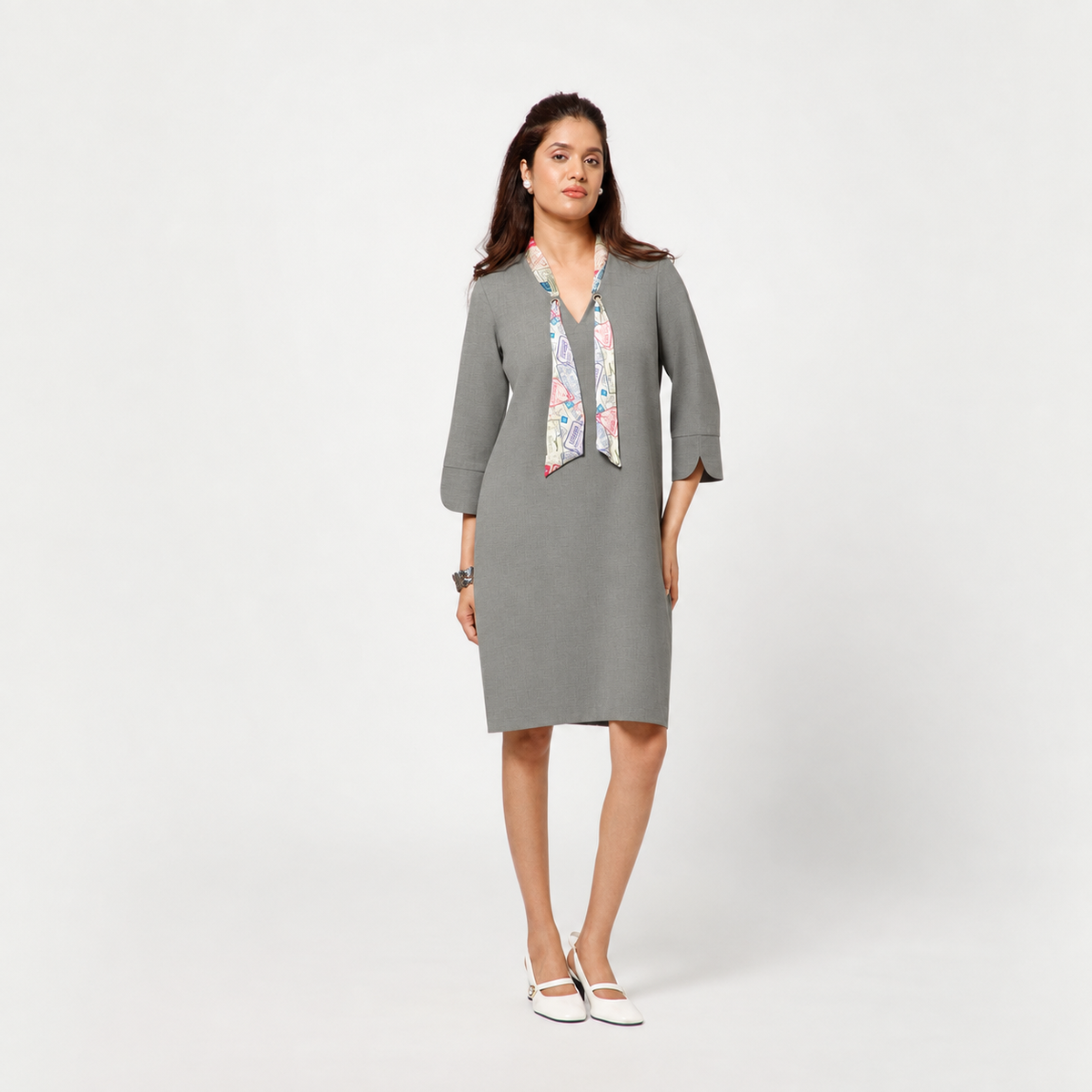 Light Grey Dress With Tie Knot At Neck