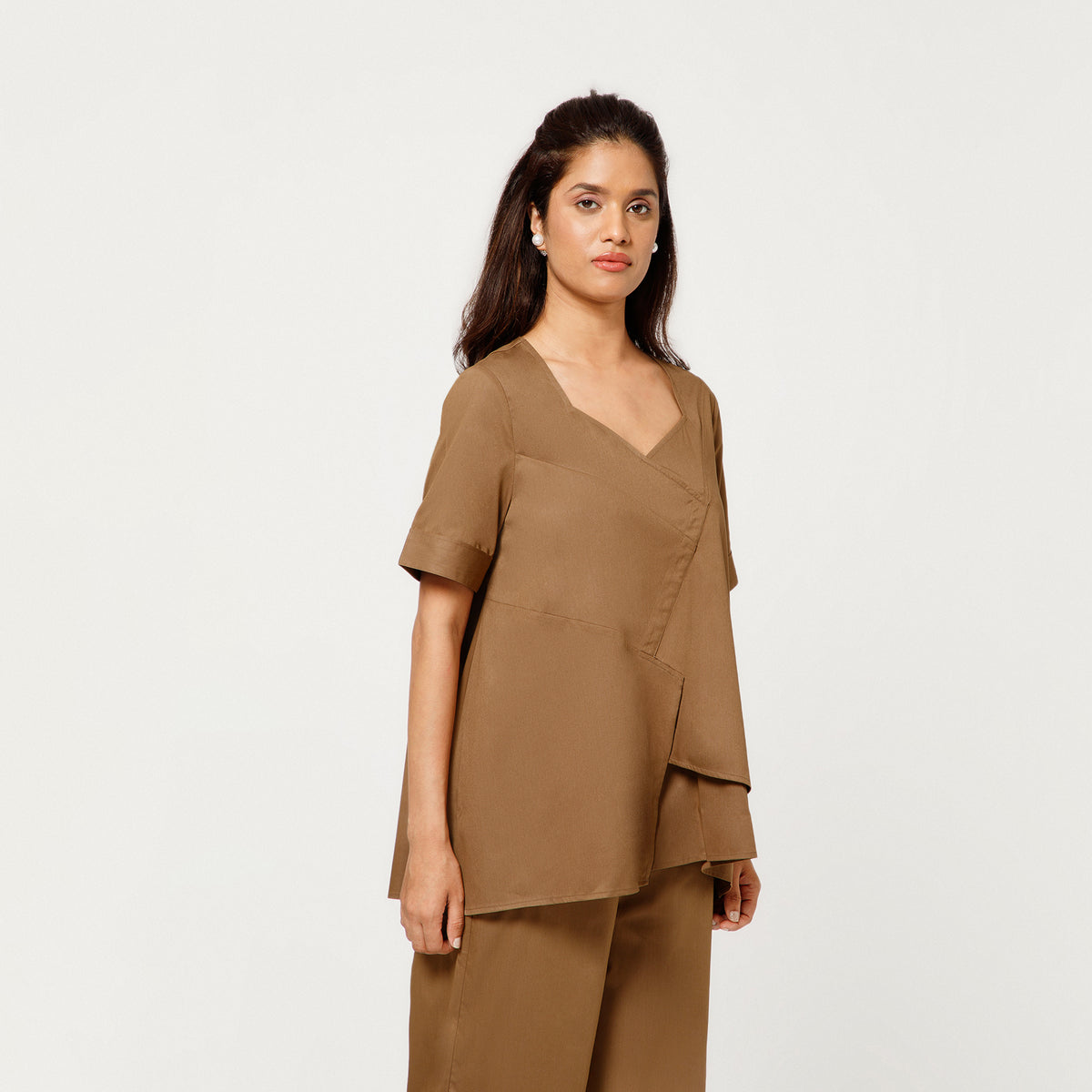 Brown Cotton Blend Draped A-Line Top
