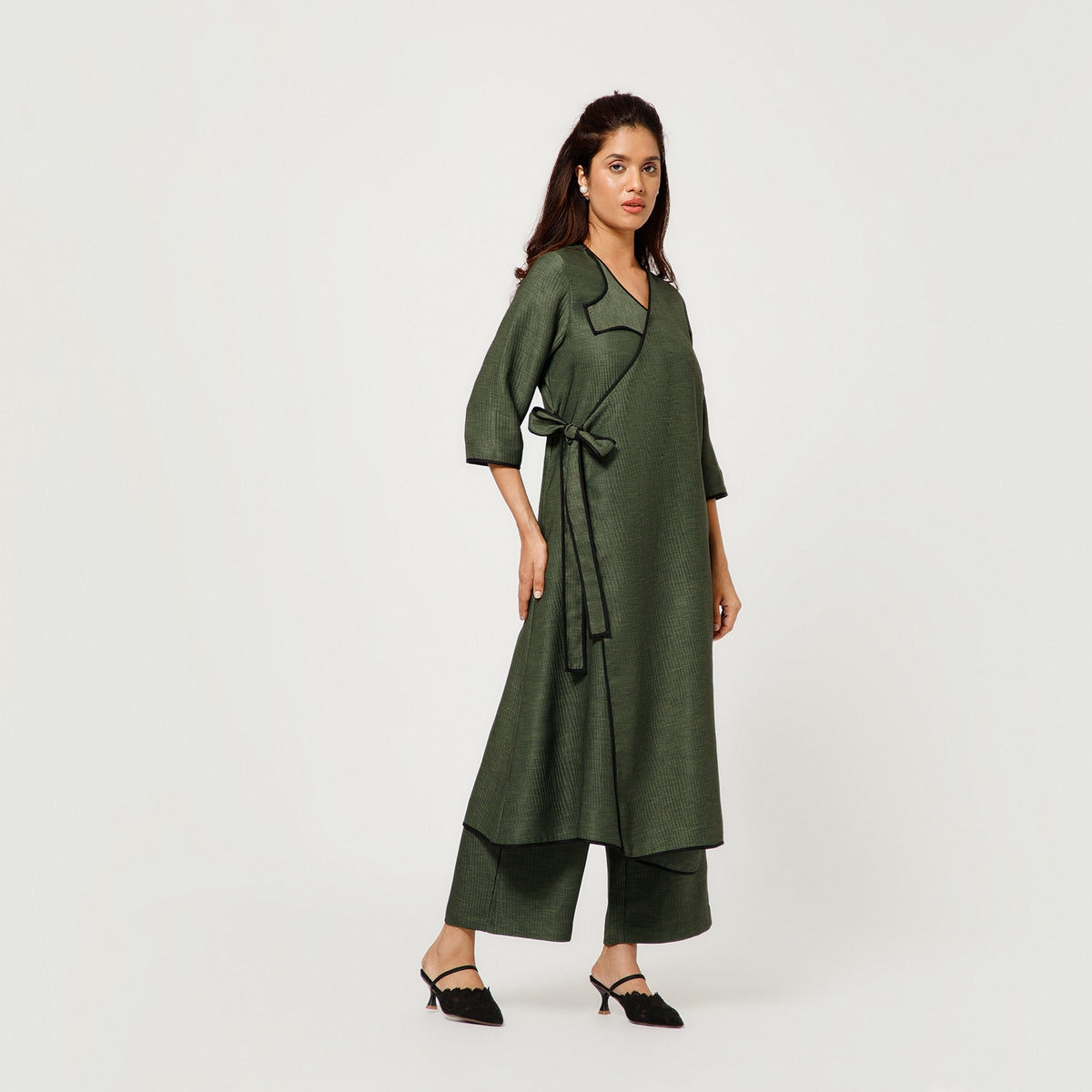 Olive Green Textured A-Line Kurta With Black Piping