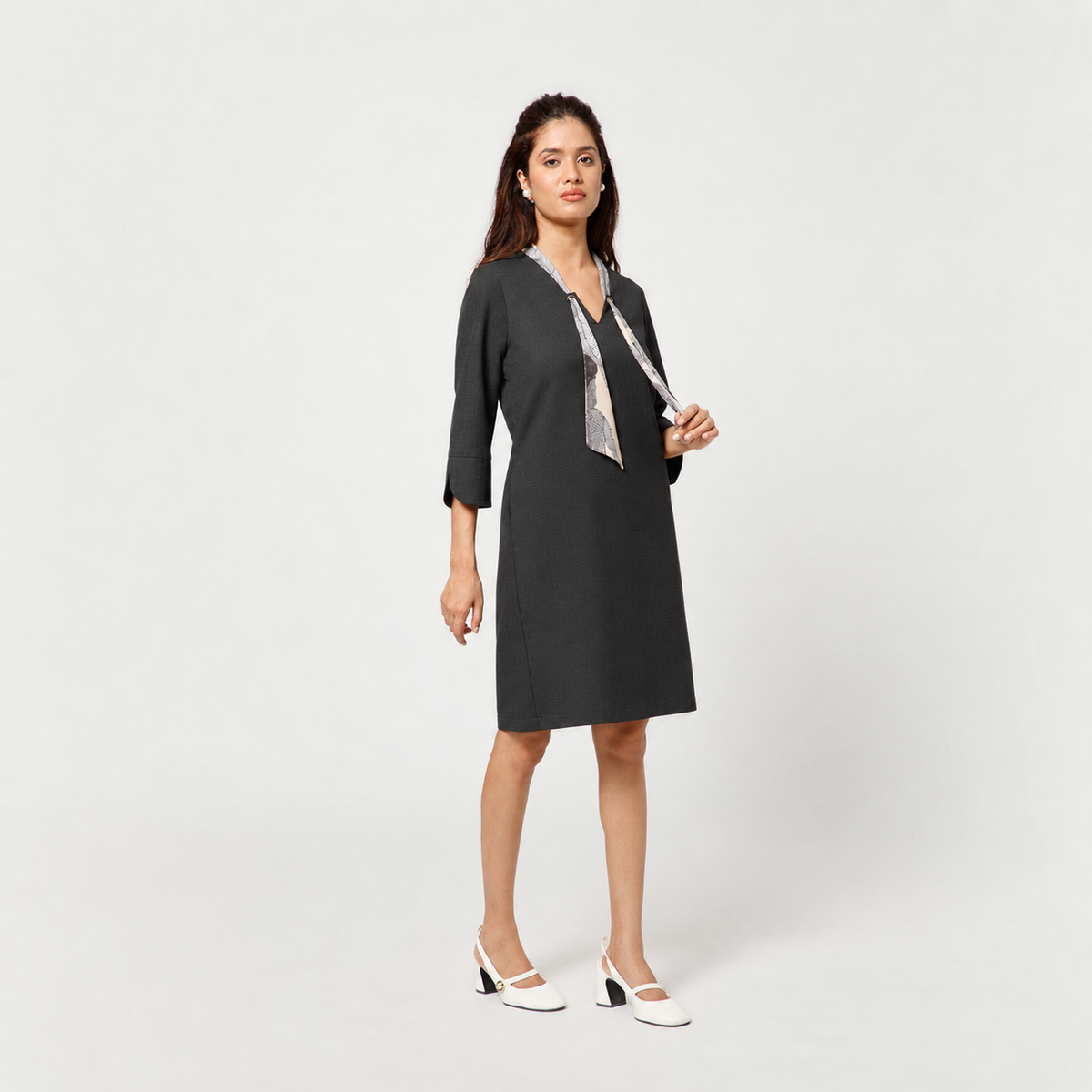 Dark Grey Dress With Tie Knot At Neck