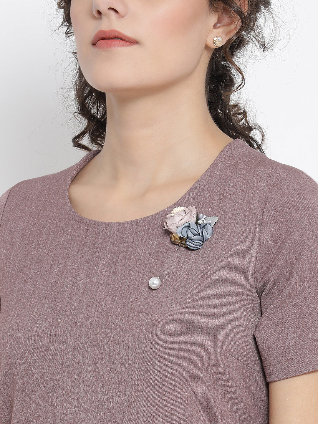 Vintage Pink Lycra Asymmetrical Dress With Pastle Blue & Pink Flower Brooch