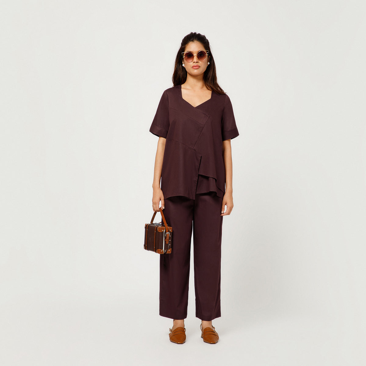 Prune Cotton Blend Draped A-Line Top