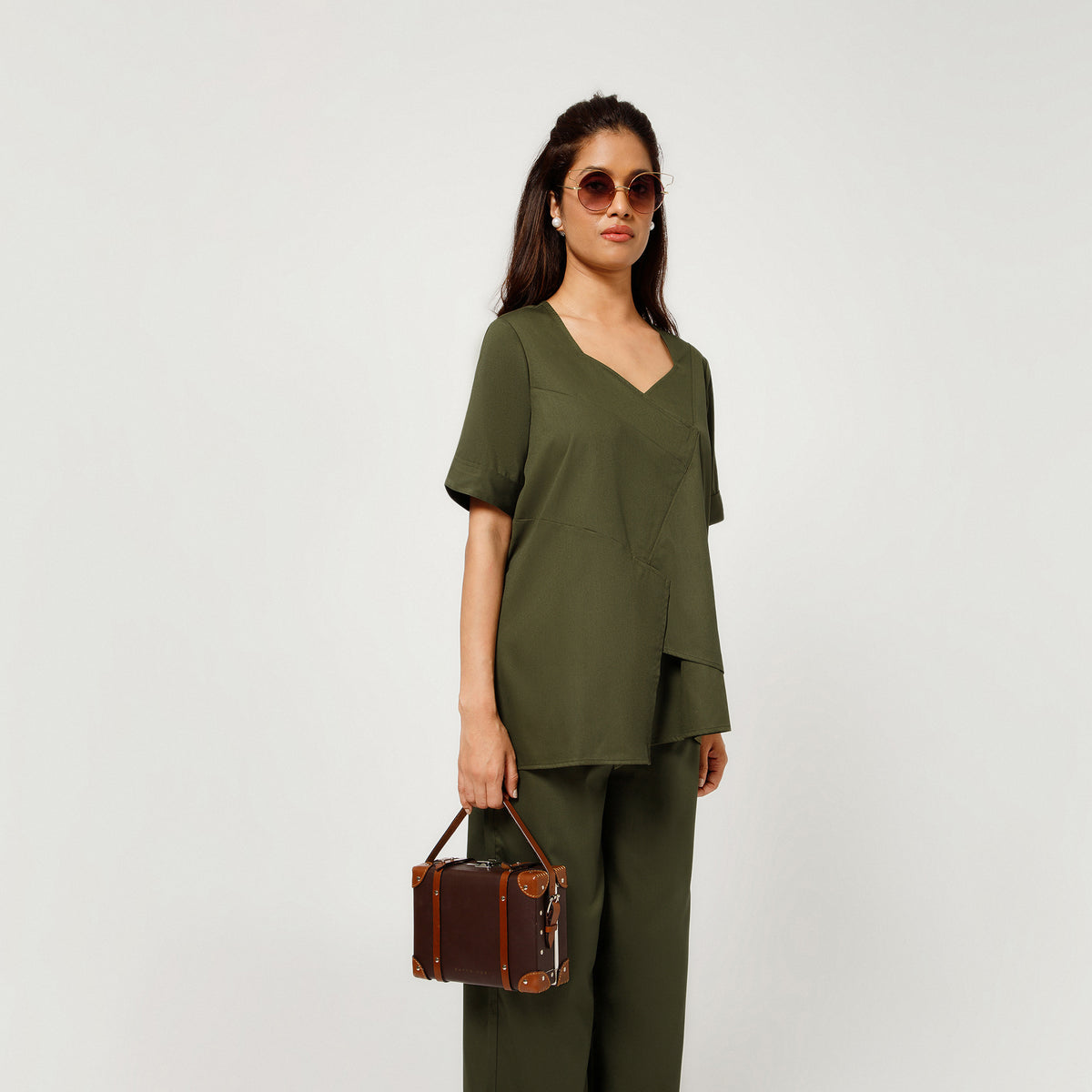 Olive Cotton Blend Draped A-Line Top