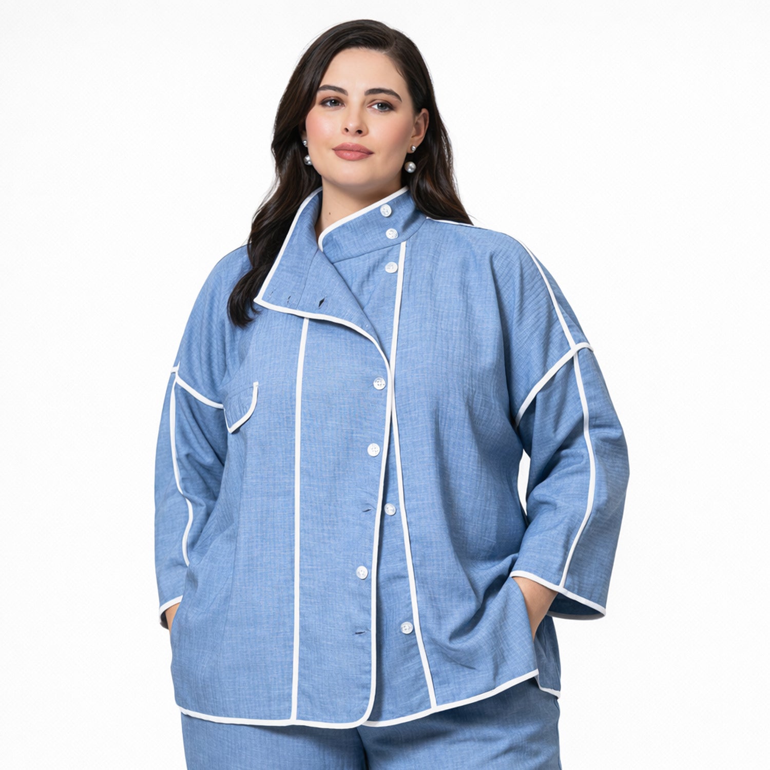 Blue Texture Line Jacket With White Piping
