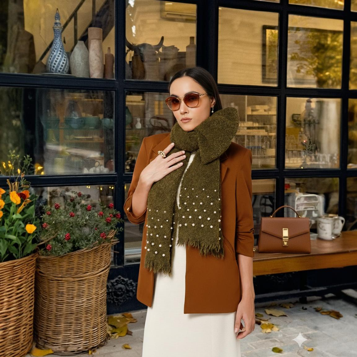 Olive Green Stole with Pearl