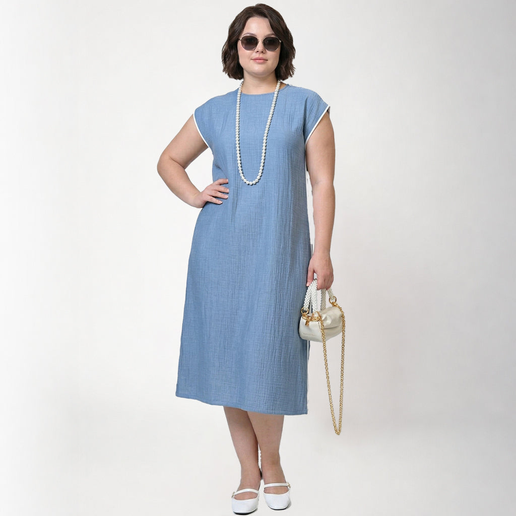 Blue Texture Line Dress With Piping At Shoulder