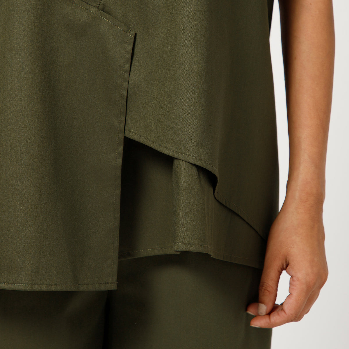Olive Cotton Blend Draped A-Line Top