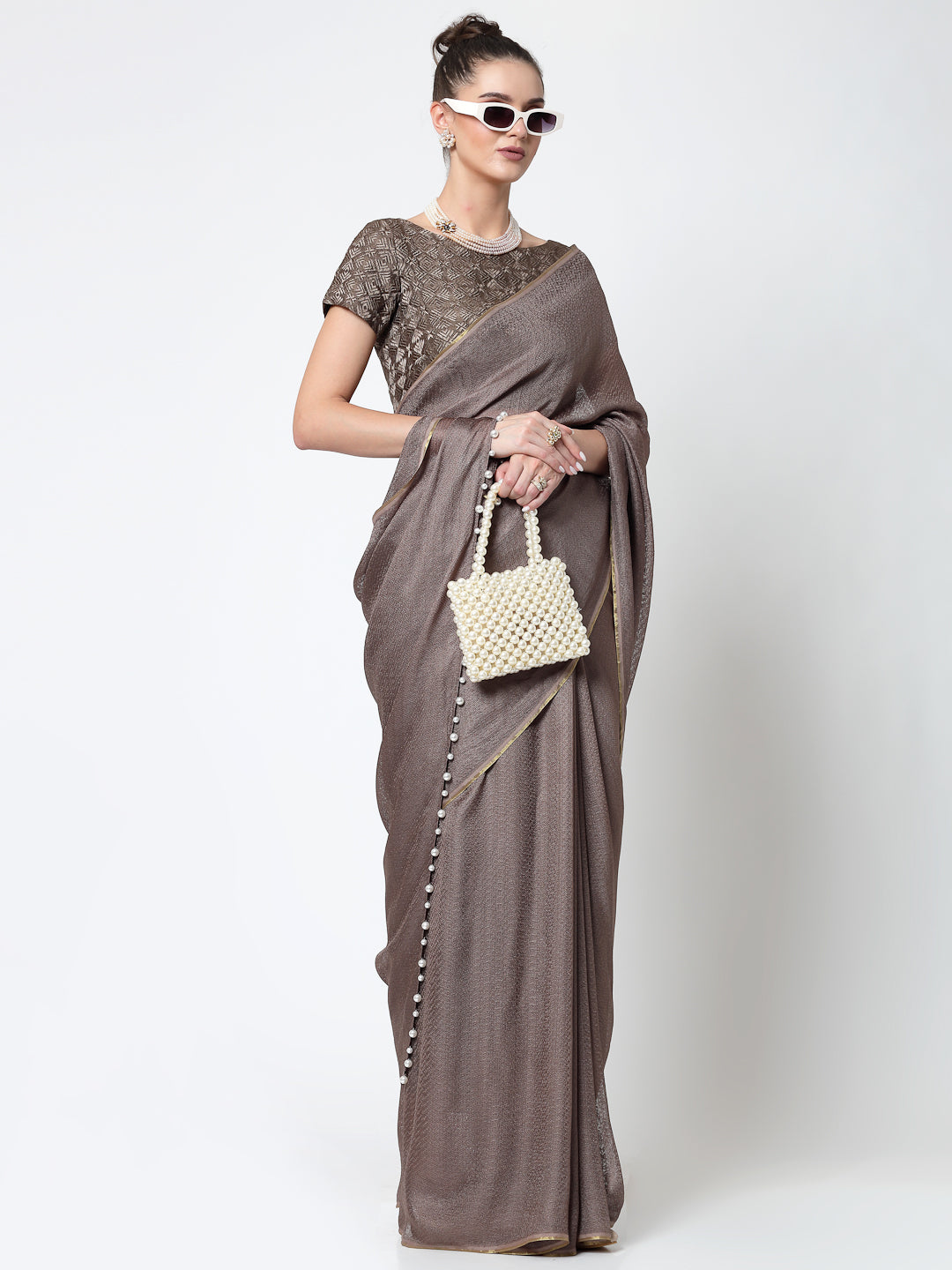 Beige Jute Saree With Pearls, Professional Sarees for Women - Traditional Workwear Elegance
