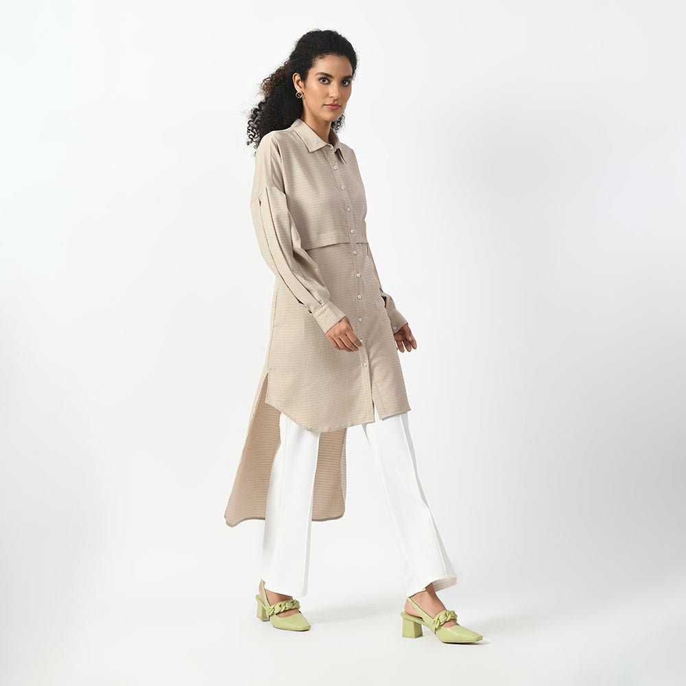 Beige Line Texture Asymmetrical Shirt, beige shirts for women, professional shirts for women , office ready shirts, lightweight formal shirt , casual cotton shirts for office, formal office shirts , best shirts for professional women