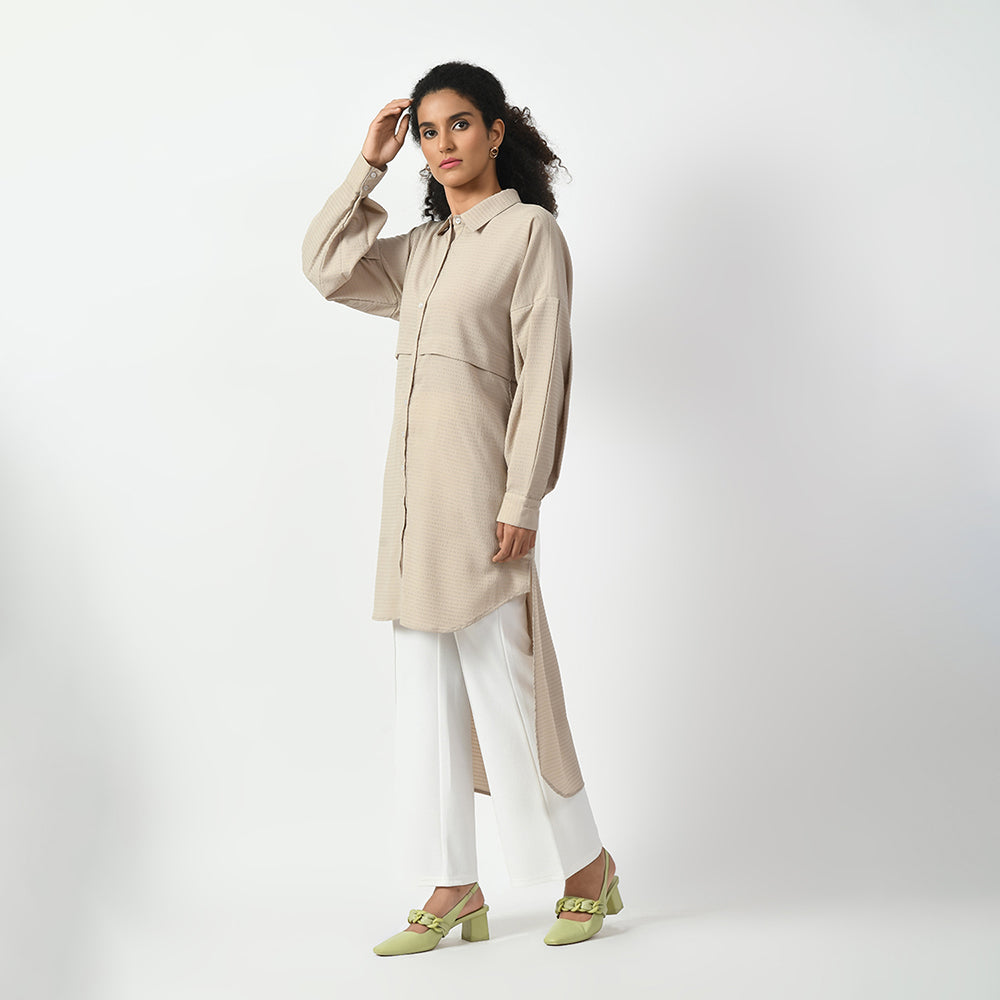Beige Line Texture Asymmetrical Shirt, beige shirts for women, professional shirts for women , office ready shirts, lightweight formal shirt , casual cotton shirts for office, formal office shirts , best shirts for professional women
