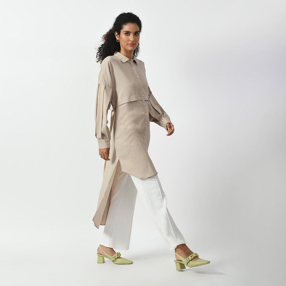 Beige Line Texture Asymmetrical Shirt, beige shirts for women, professional shirts for women , office ready shirts, lightweight formal shirt , casual cotton shirts for office, formal office shirts, best shirts for professional women, long shirt for women