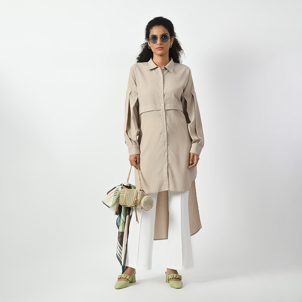 Beige Line Texture Asymmetrical Shirt, beige shirts for women, professional shirts for women , office ready shirts, lightweight formal shirt , casual cotton shirts for office, formal office shirts, best shirts for professional women, long shirt for women
