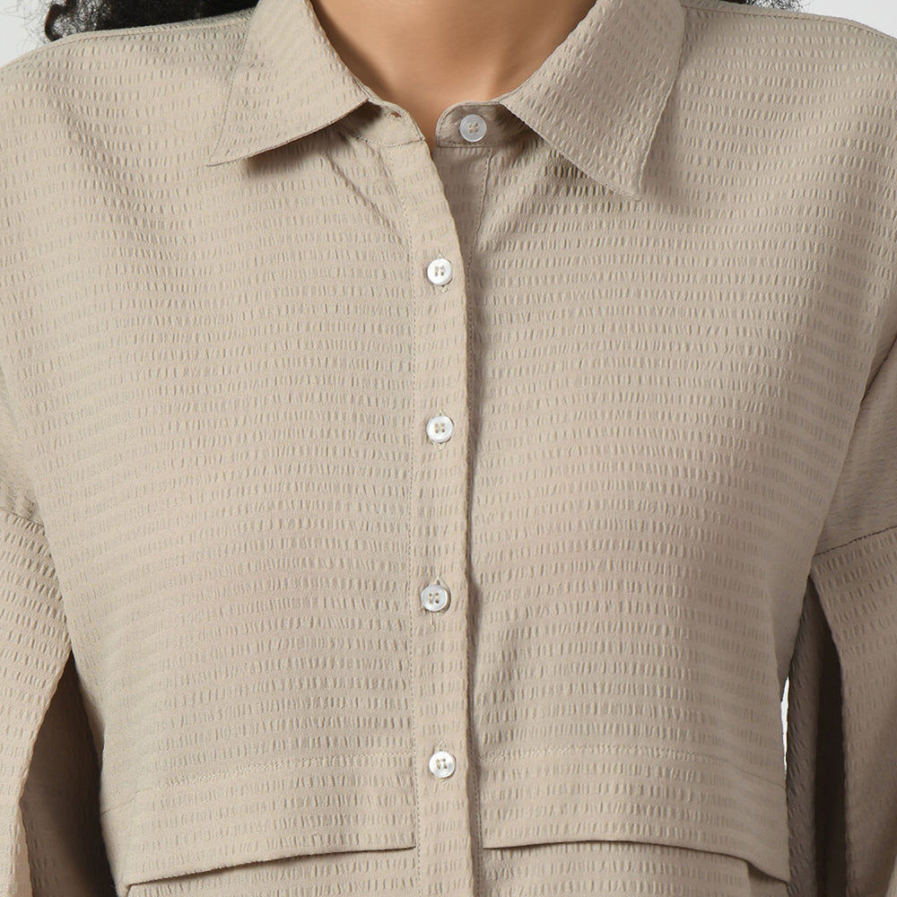 Beige Line Texture Asymmetrical Shirt, beige shirts for women, professional shirts for women , office ready shirts, lightweight formal shirt , casual cotton shirts for office, formal office shirts, best shirts for professional women, long shirt for women