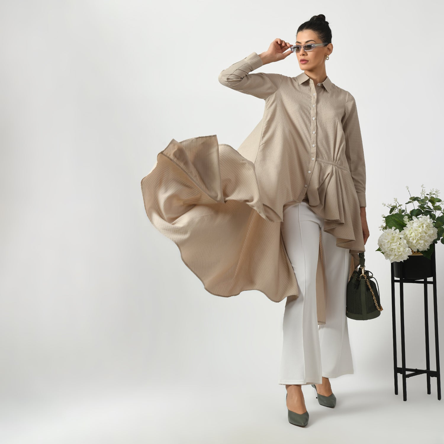 Beige Line Texture Long Tunic for Women