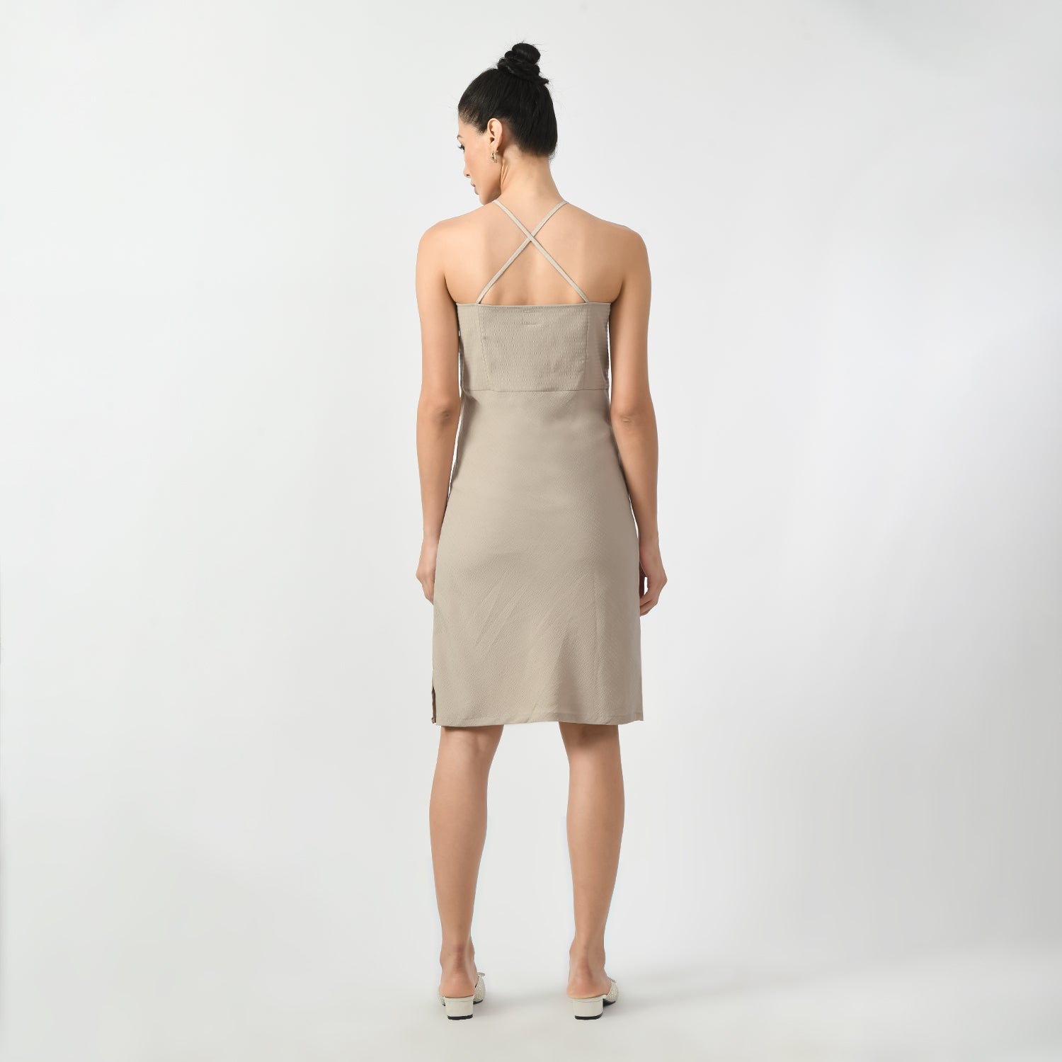 Beige Texture Halter Office Wear Dresses for Women-4