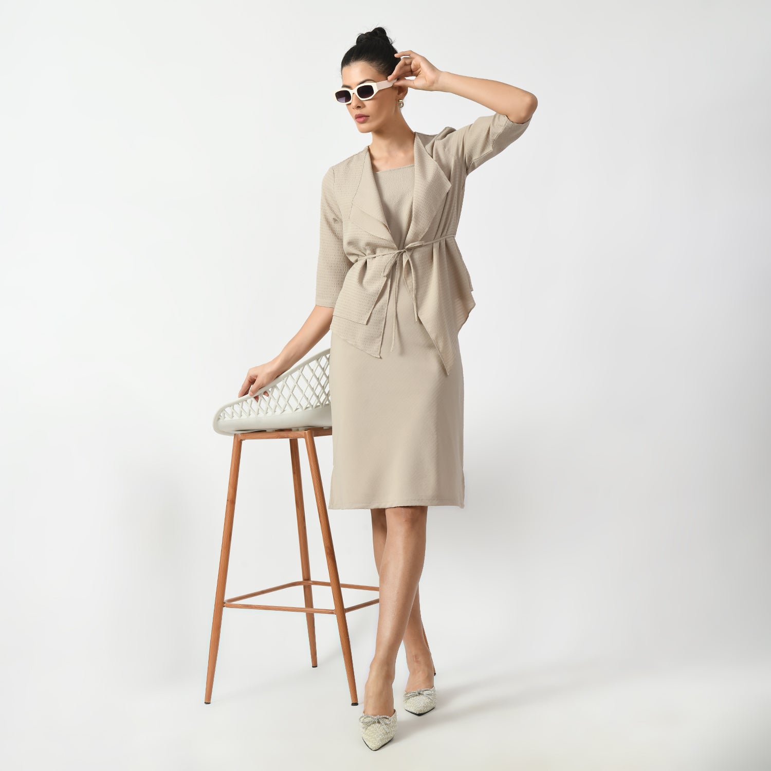 Beige Textured Wrap Jacket