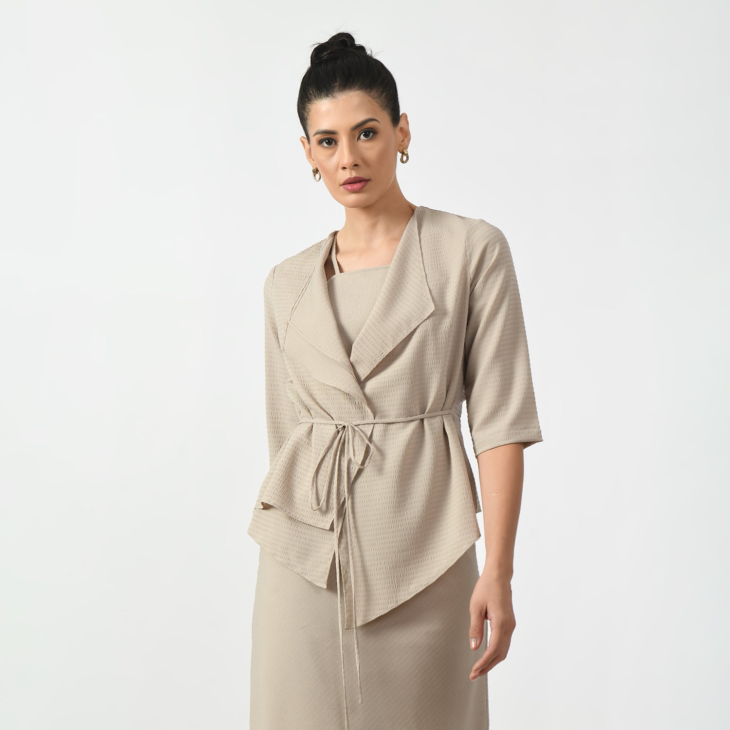 Beige Textured Wrap Jacket-3