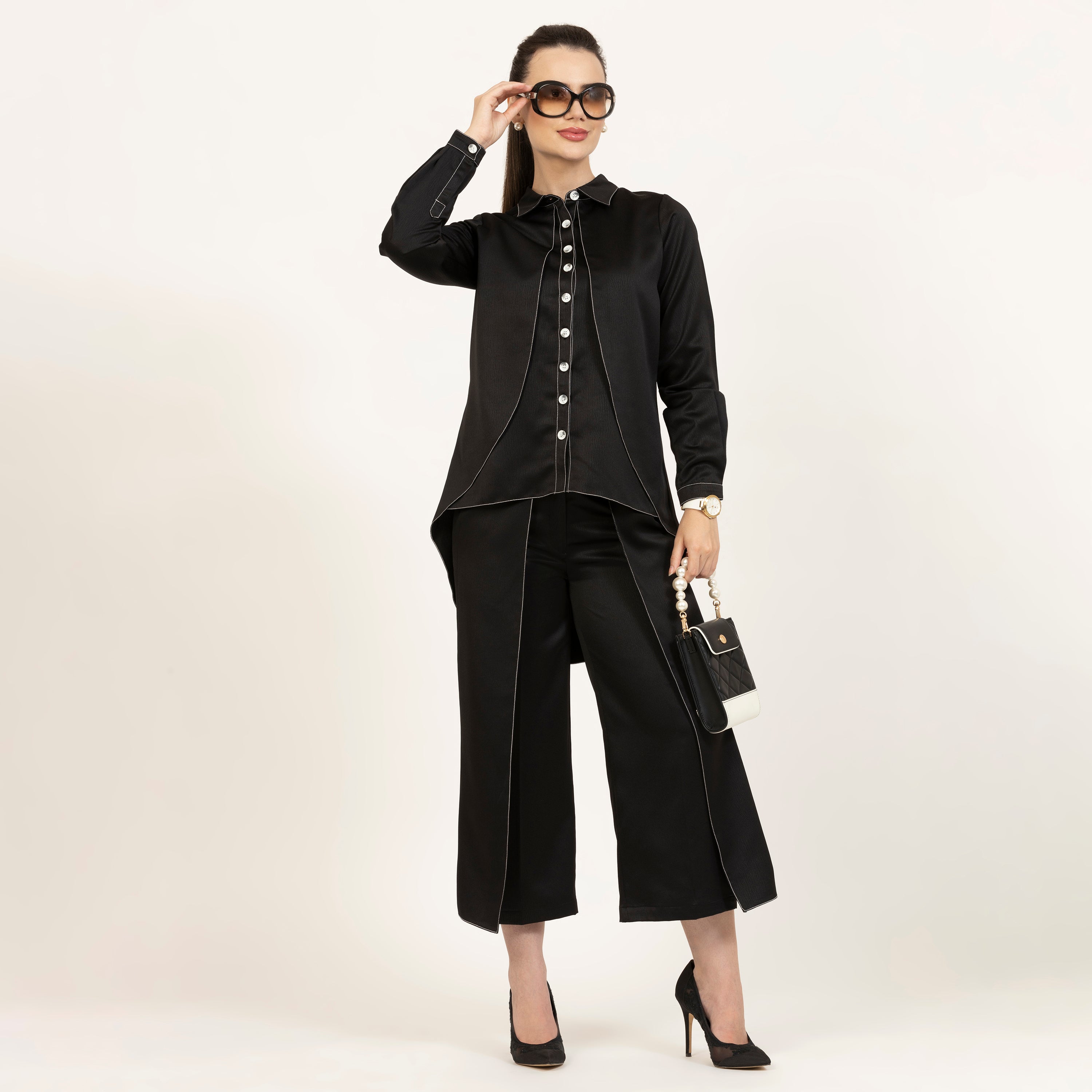 Black Texture Double Layer Top for Office Wear