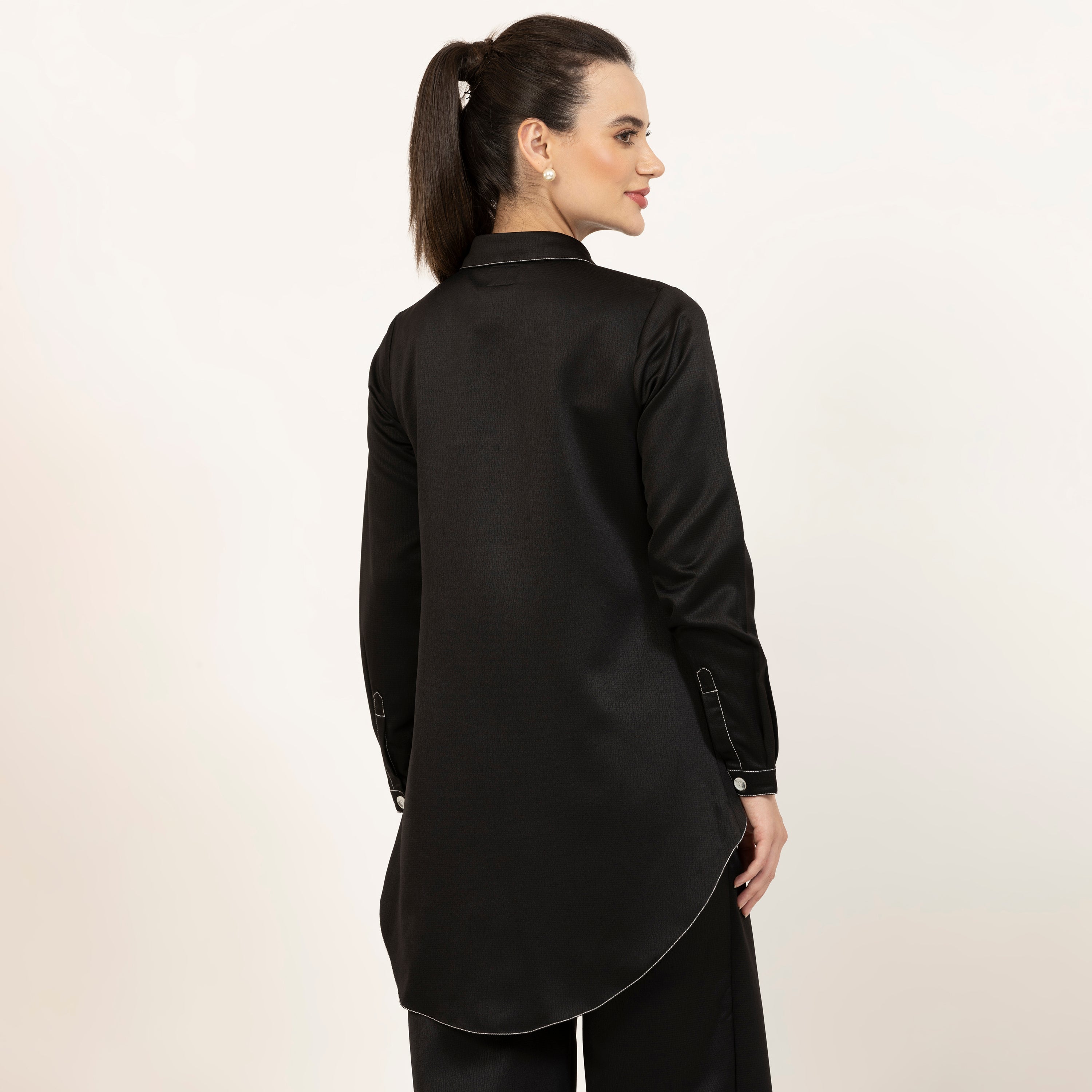 Black Texture Double Layer Top,Tops to Elevate Your Work Look, balck tops for working women, best stylish tops for women, Tailored Fits for Every Professional, black shirt dress for women, black blouse design