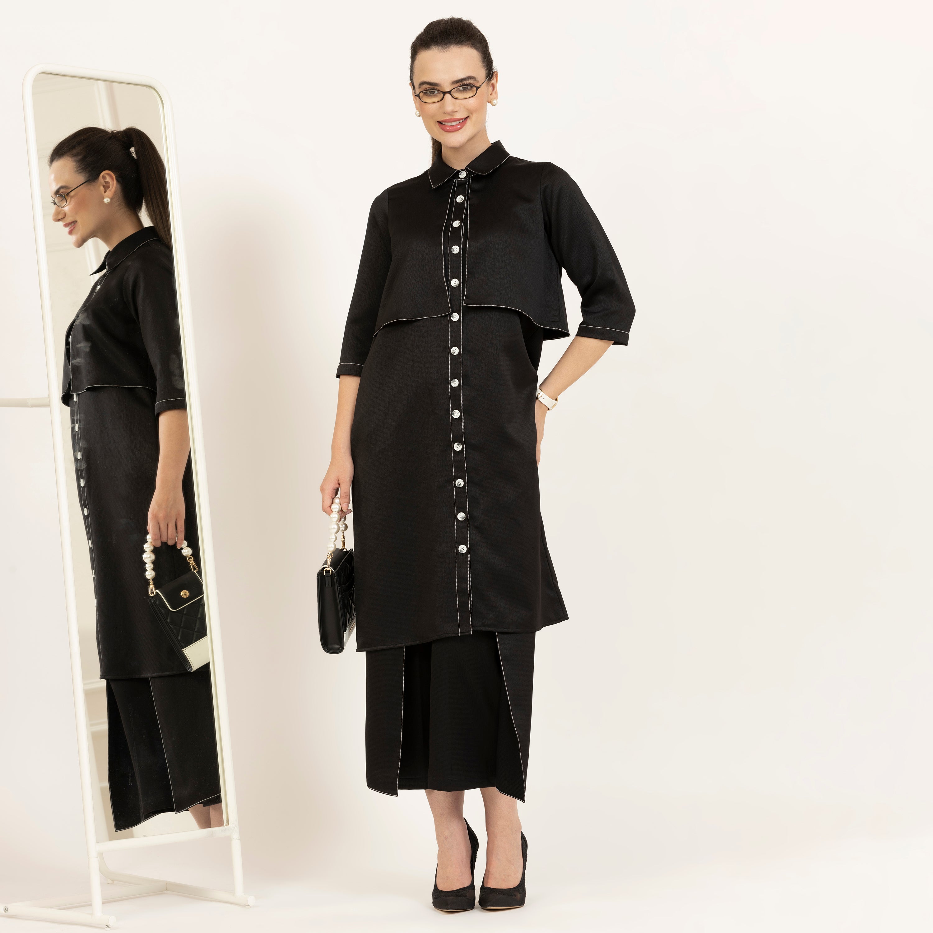 Black Texture Satin Flap Dresses for Women