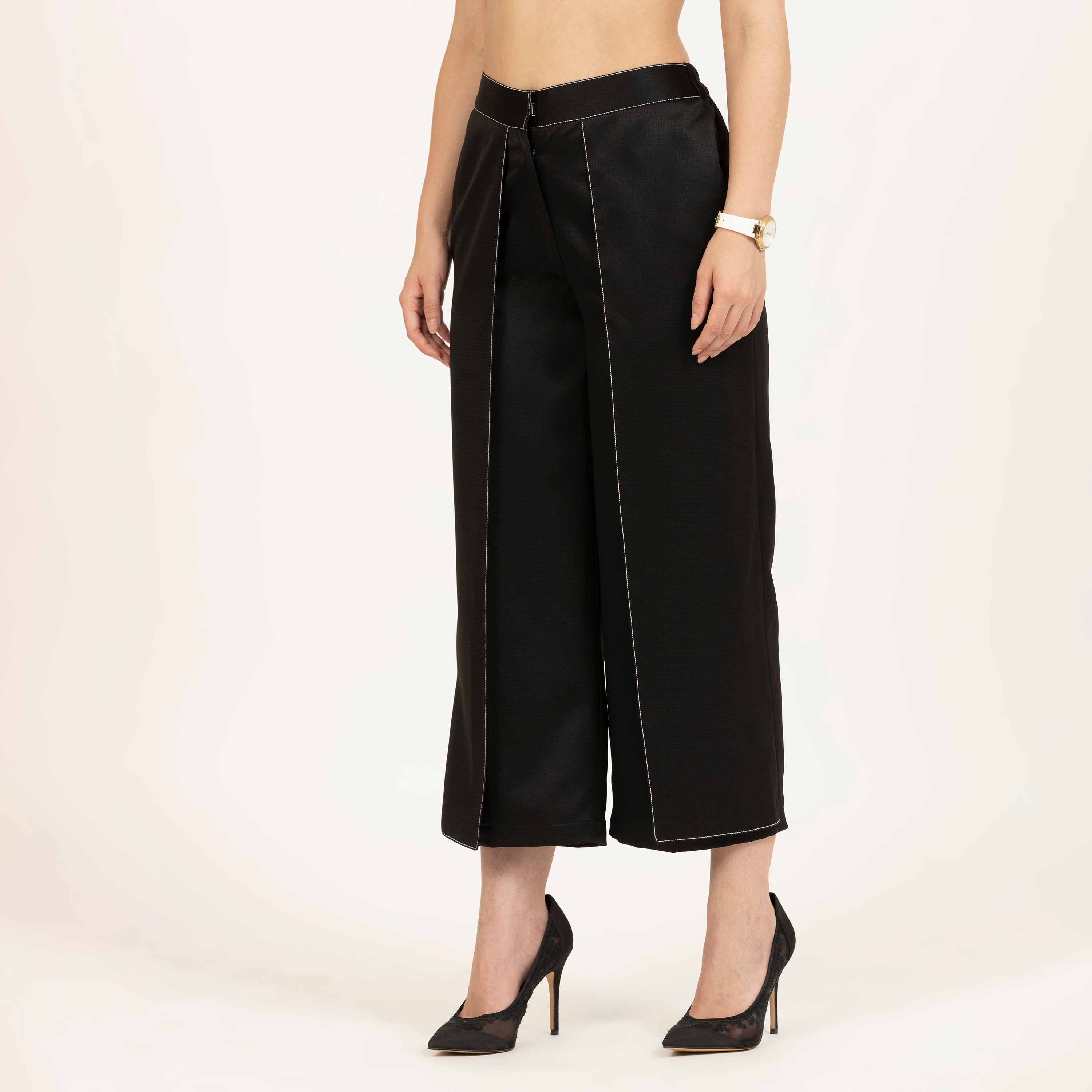 Black Texture Satin Flap Plazzo With Top Stitching, Plazzo pants for women, pants for women, black plazzo for women india, best plazzo online