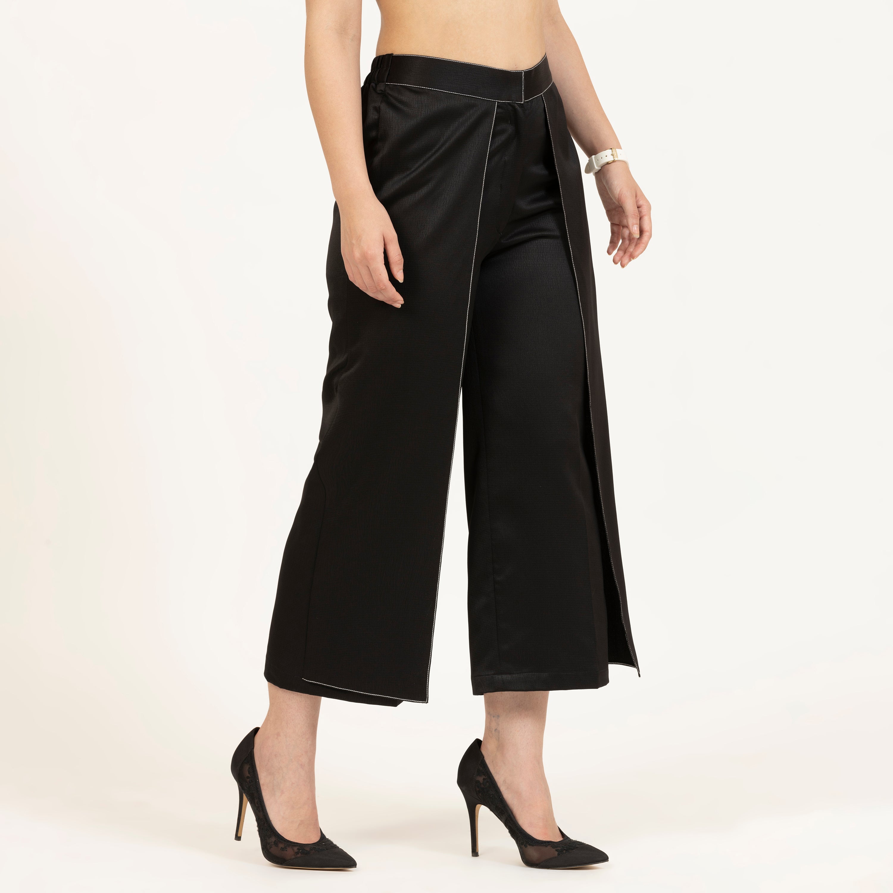 Black Texture Satin Flap Plazzo With Top Stitching, Plazzo pants for women, pants for women, black plazzo for women india, best plazzo online