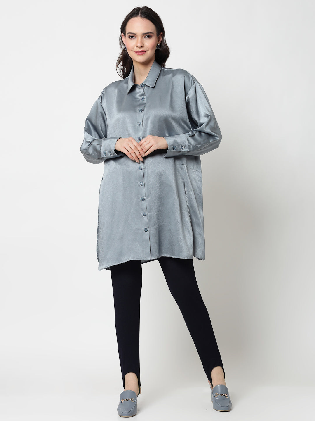 Bluish Grey Satin Oversize Long Shirt,womens formal shirts
cotton shirts for women
Ofiice shirts for women