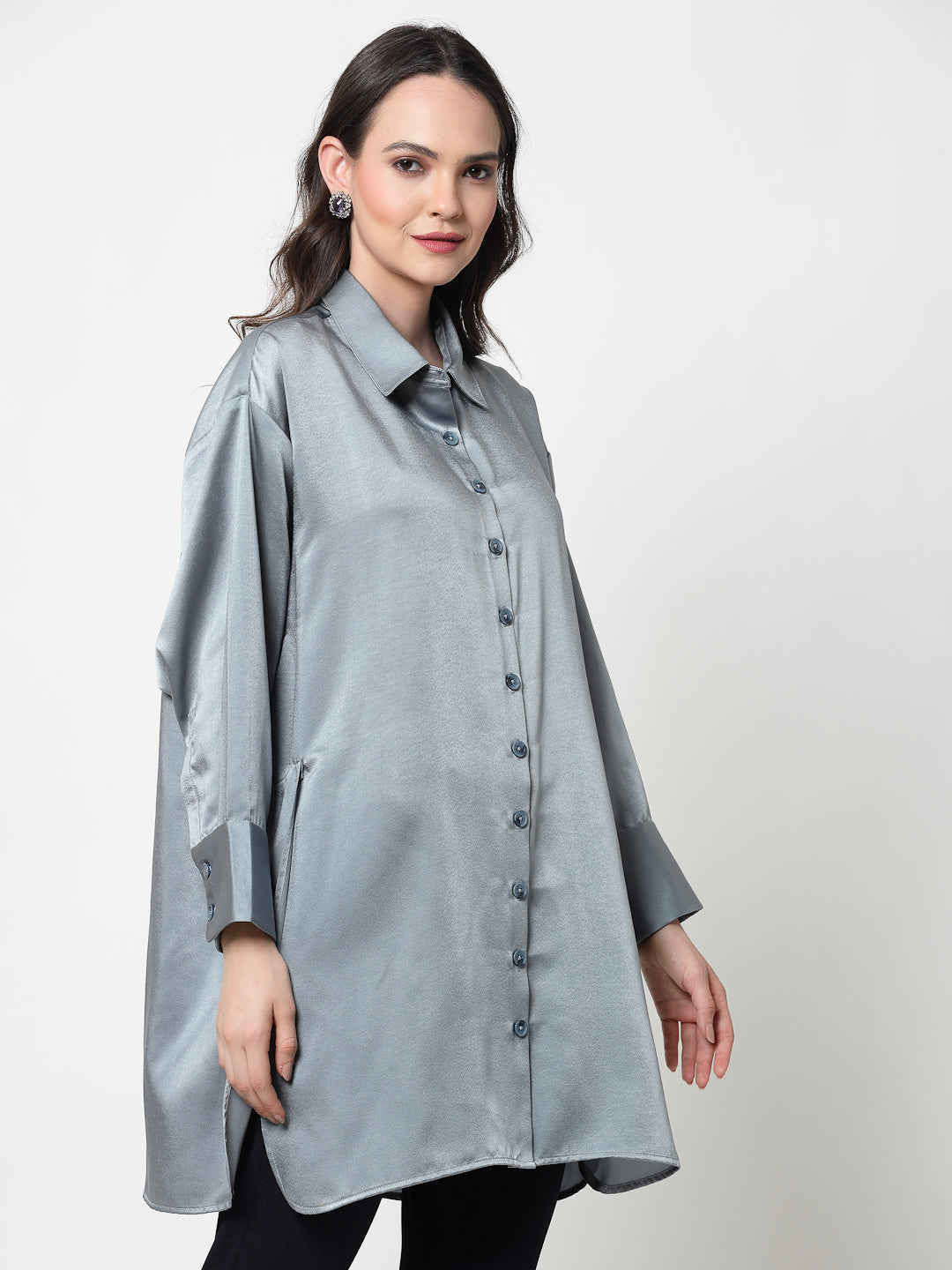 Bluish Grey Satin Oversize Long Shirt,womens formal shirts
cotton shirts for women
Ofiice shirts for women