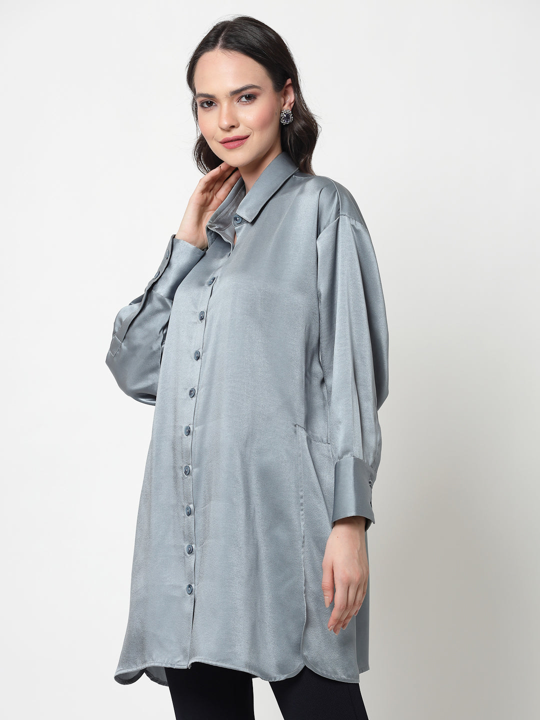 Bluish Grey Satin Oversize Long Shirt,womens formal shirts
cotton shirts for women
Ofiice shirts for women