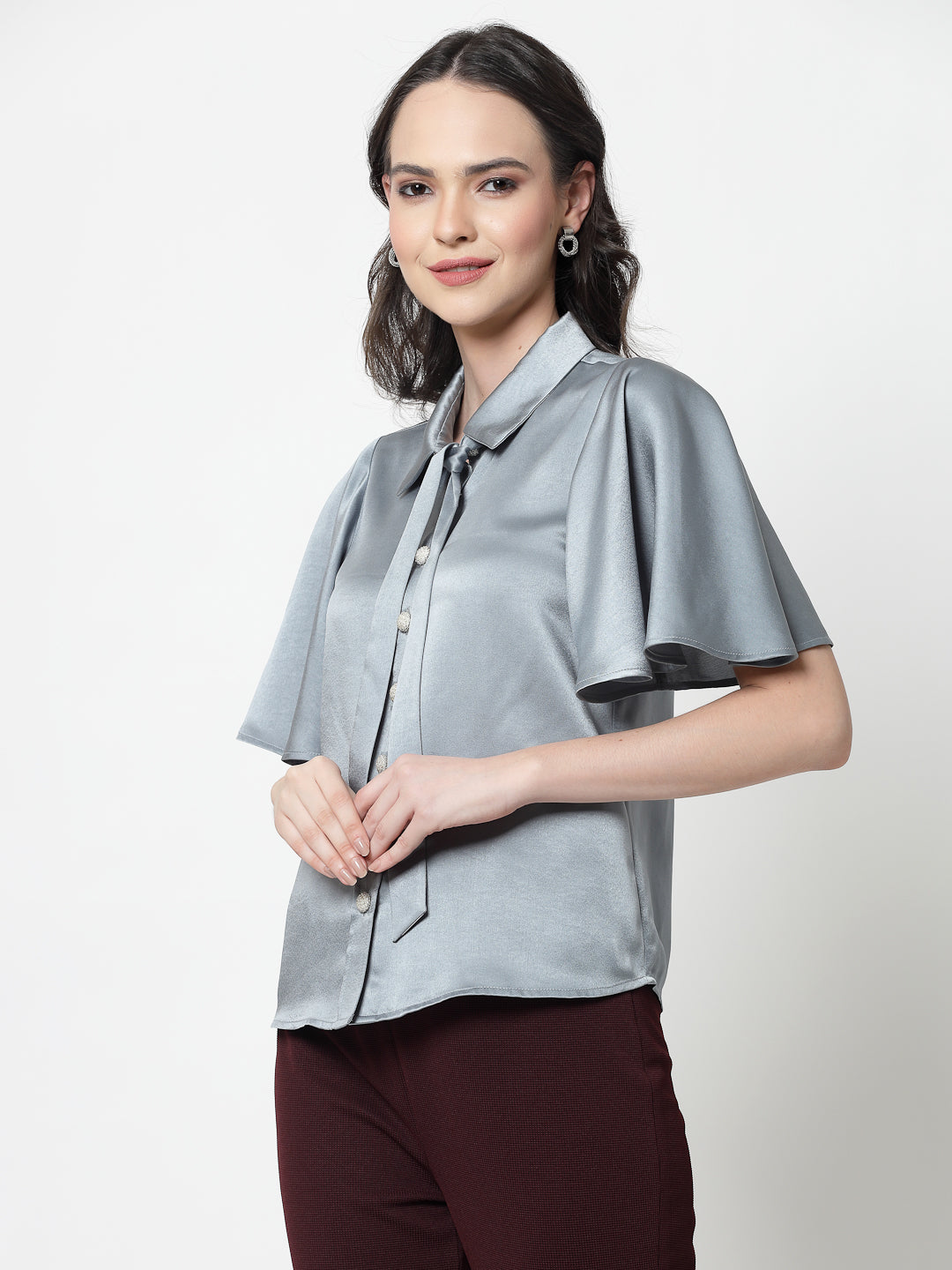 Bluish Grey Satin Top With Bell Sleeves & Tie Knot, formal tops for women