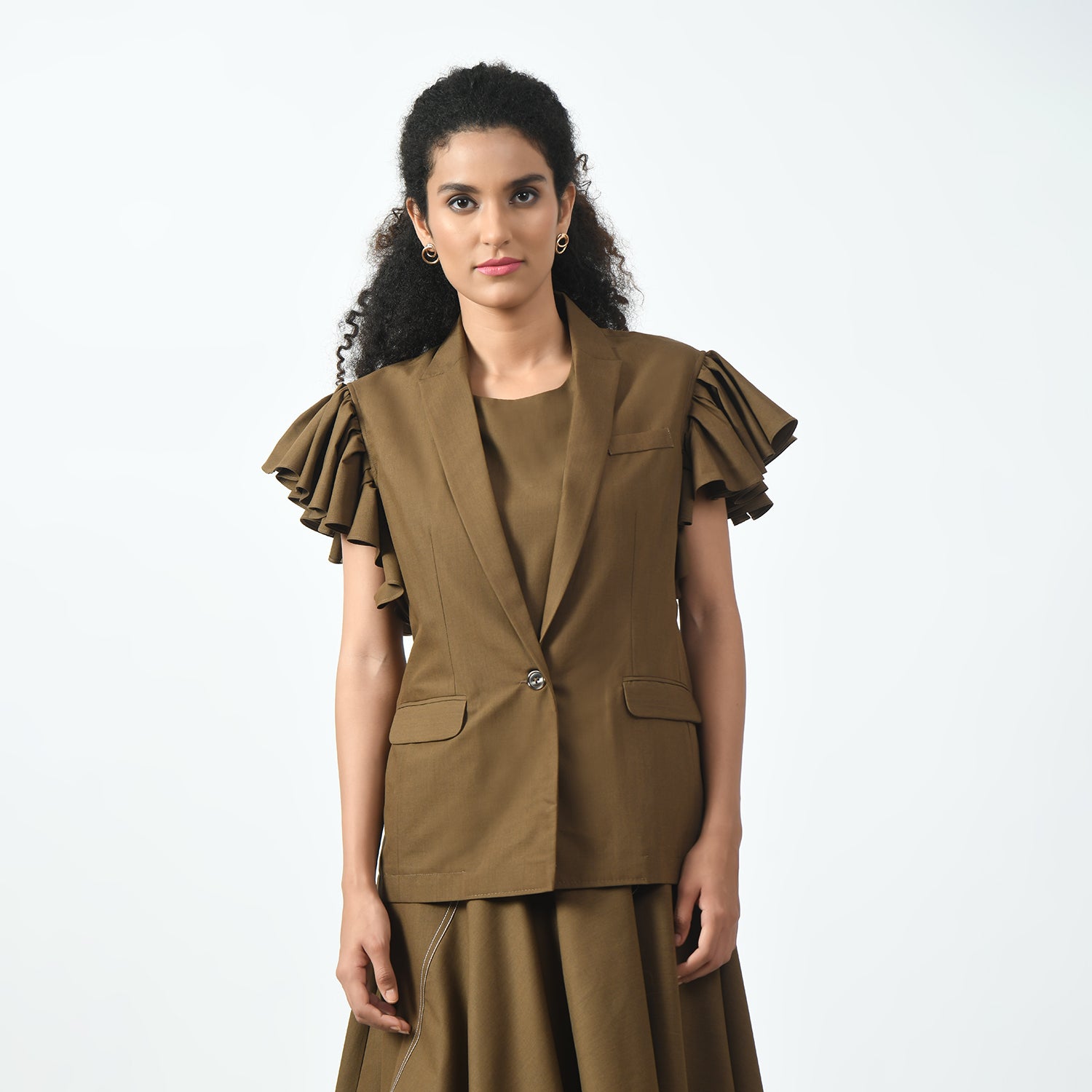 Brown Jacket with Frill Sleeves for Women