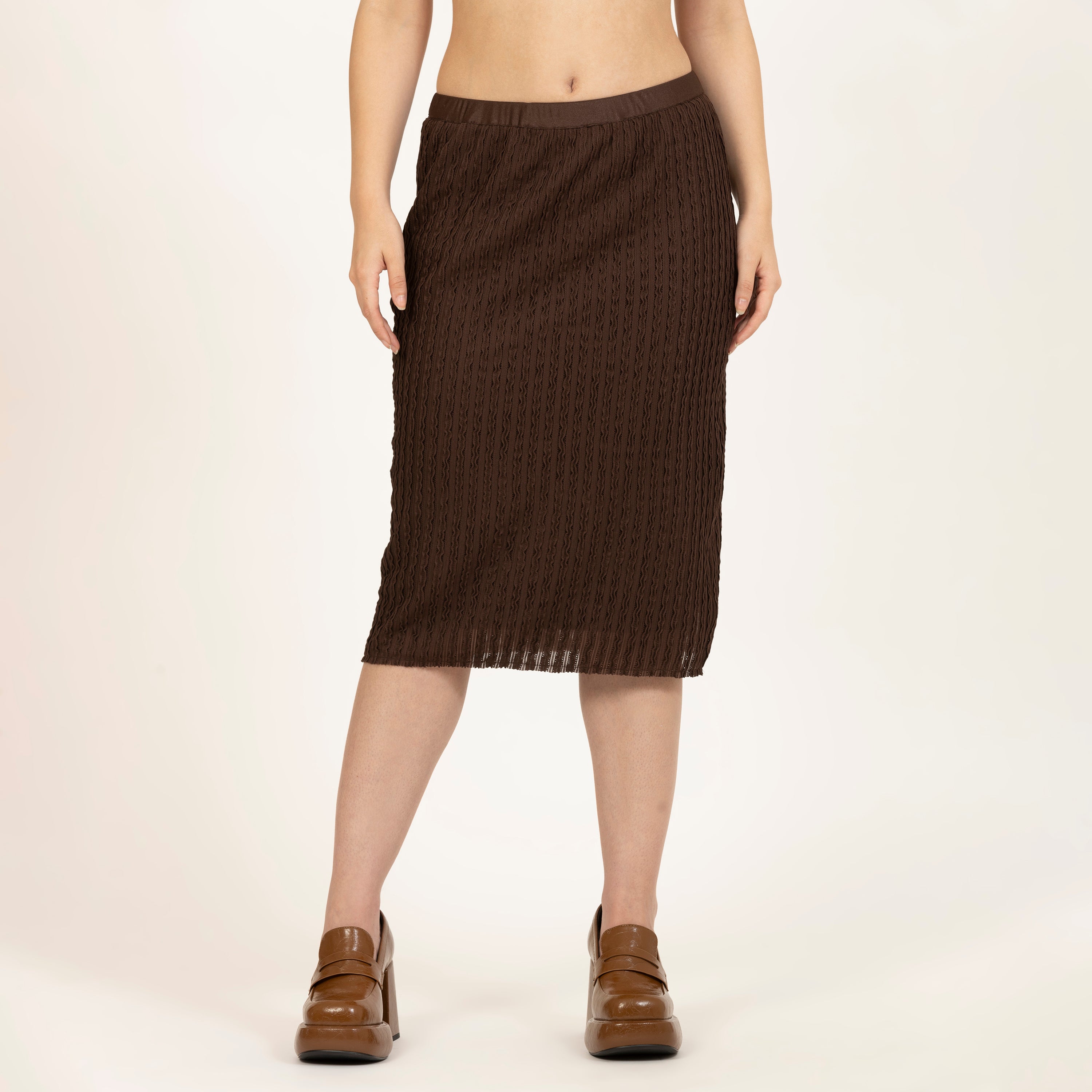 Brown Lycra Textured Skirt, Elegant Office Skirts for Women, Classic Skirt Styles for the Office, brown colour lycra skirts, brown skirts for women, Formal skirts for women professionals in India