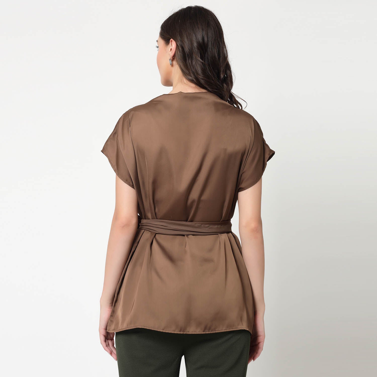 Brown Satin Long Top With Belt, formal tops for women