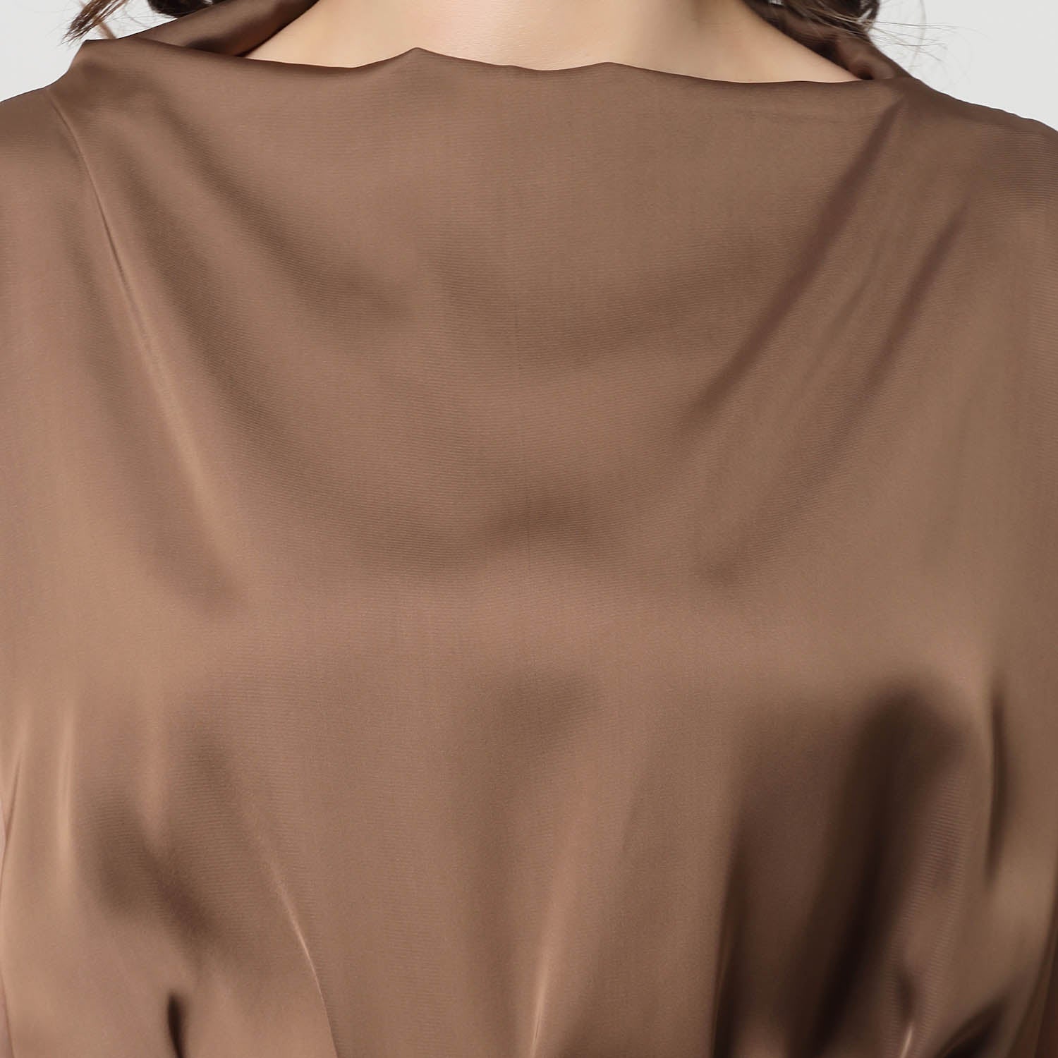 Brown Satin Long Top With Belt, formal tops for women