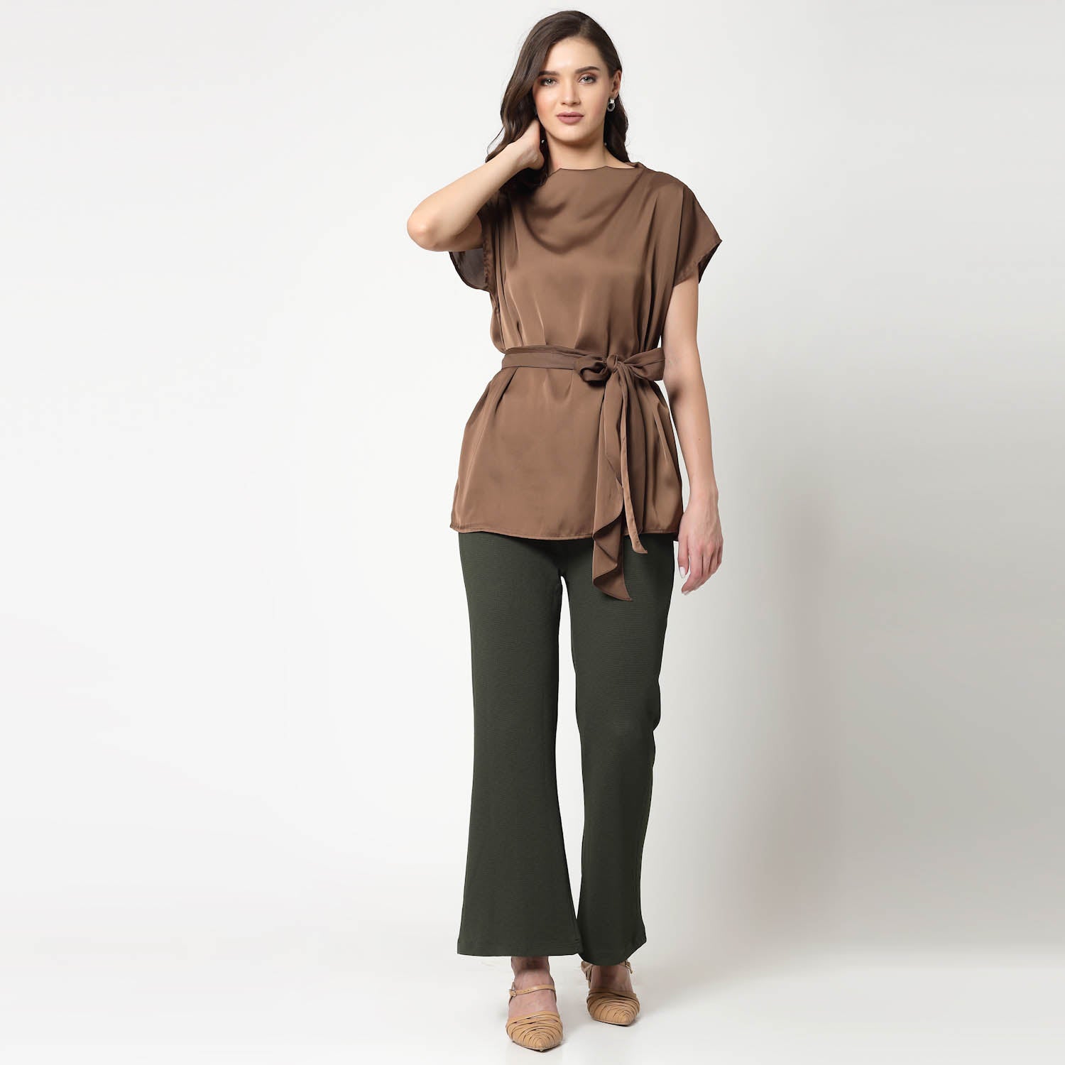 Brown Satin Long Top With Belt, formal tops for women