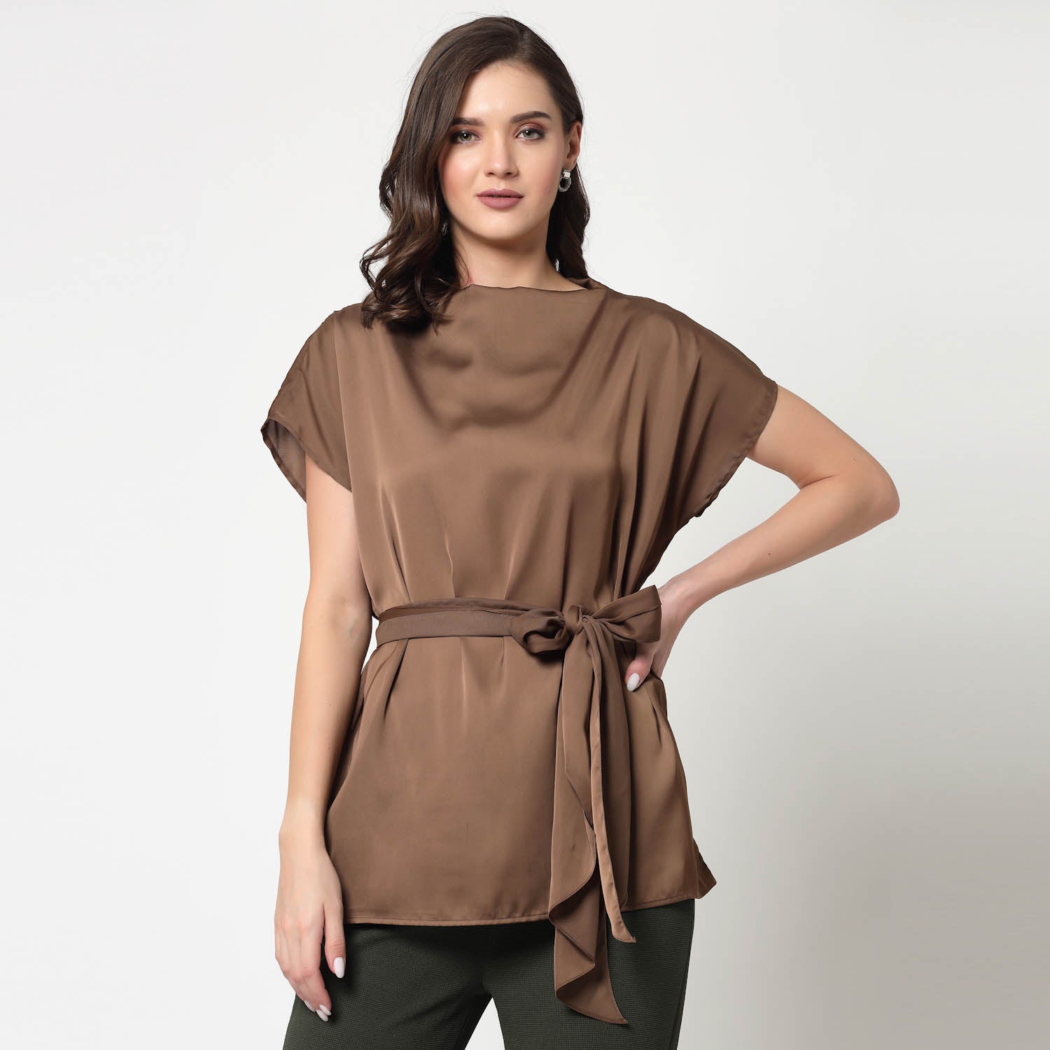 Brown Satin Long Top With Belt, formal tops for women