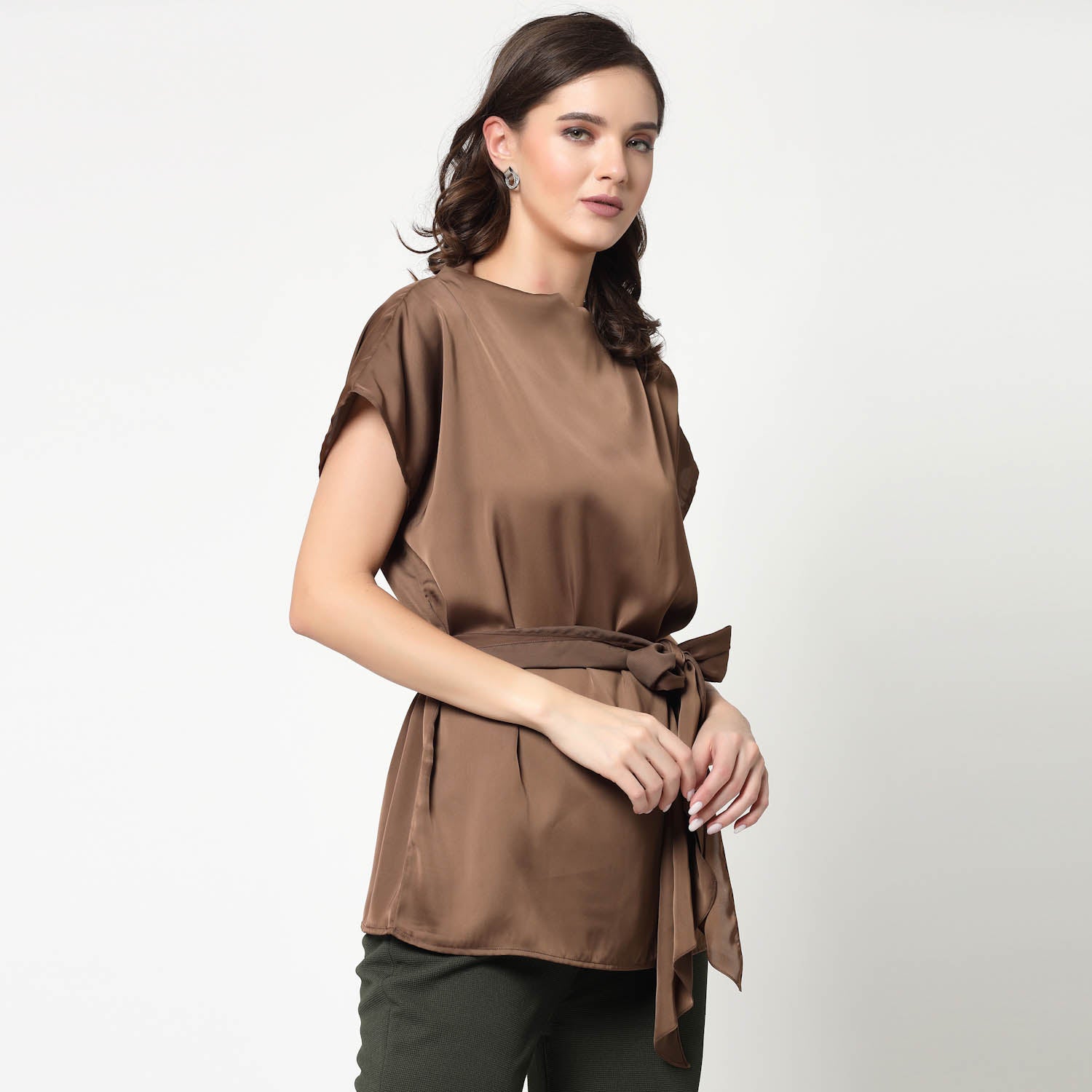 Brown Satin Long Top With Belt, formal tops for women
